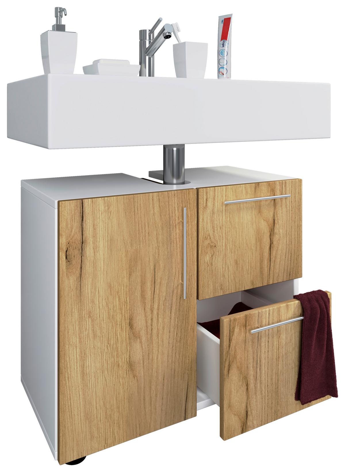 Waschbeckenunterschrank Flandu B: 61 cm, Weiß - Honigeiche/Schwarz, MODERN, Holzwerkstoff (61/51/32cm) - MID.YOU