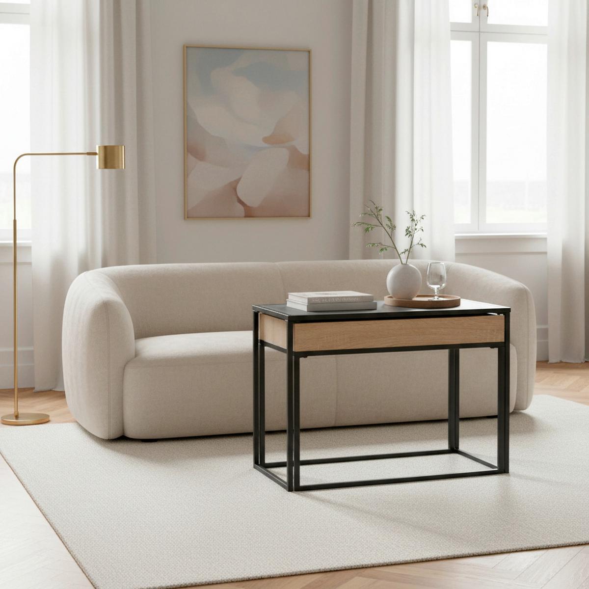 Konferenční stolek ANI 60x30 cm, dřevodekor/černá - černá/barvy dubu, Moderní, kov/kompozitní dřevo (60/30/48cm) - Bessagi Home