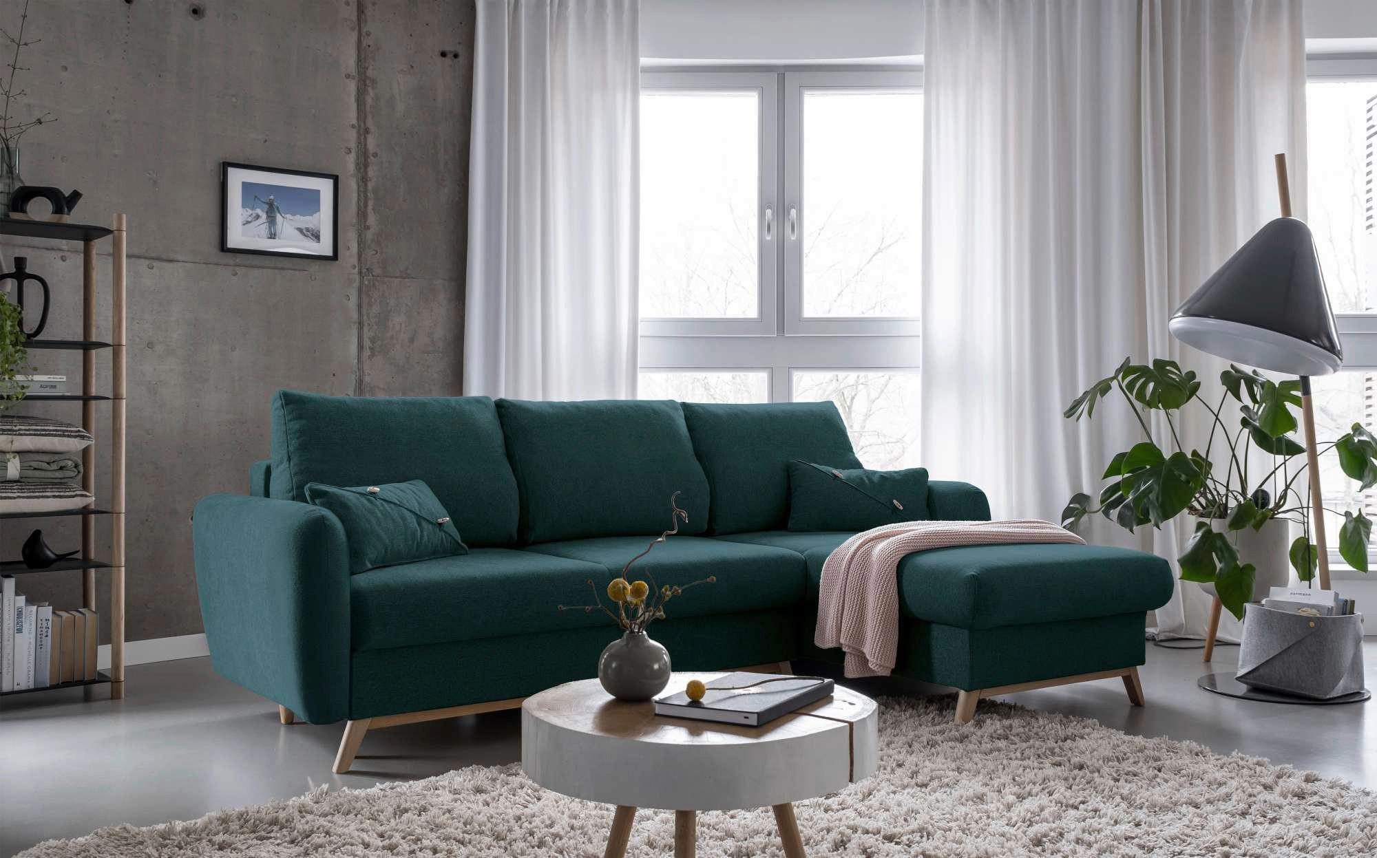 Sedačka LUCILE S, pravá, tyrkysová, úl.prostor a lůžko - přírodní barvy/tyrkysová, dřevo/textil (235/157cm) - MID.YOU