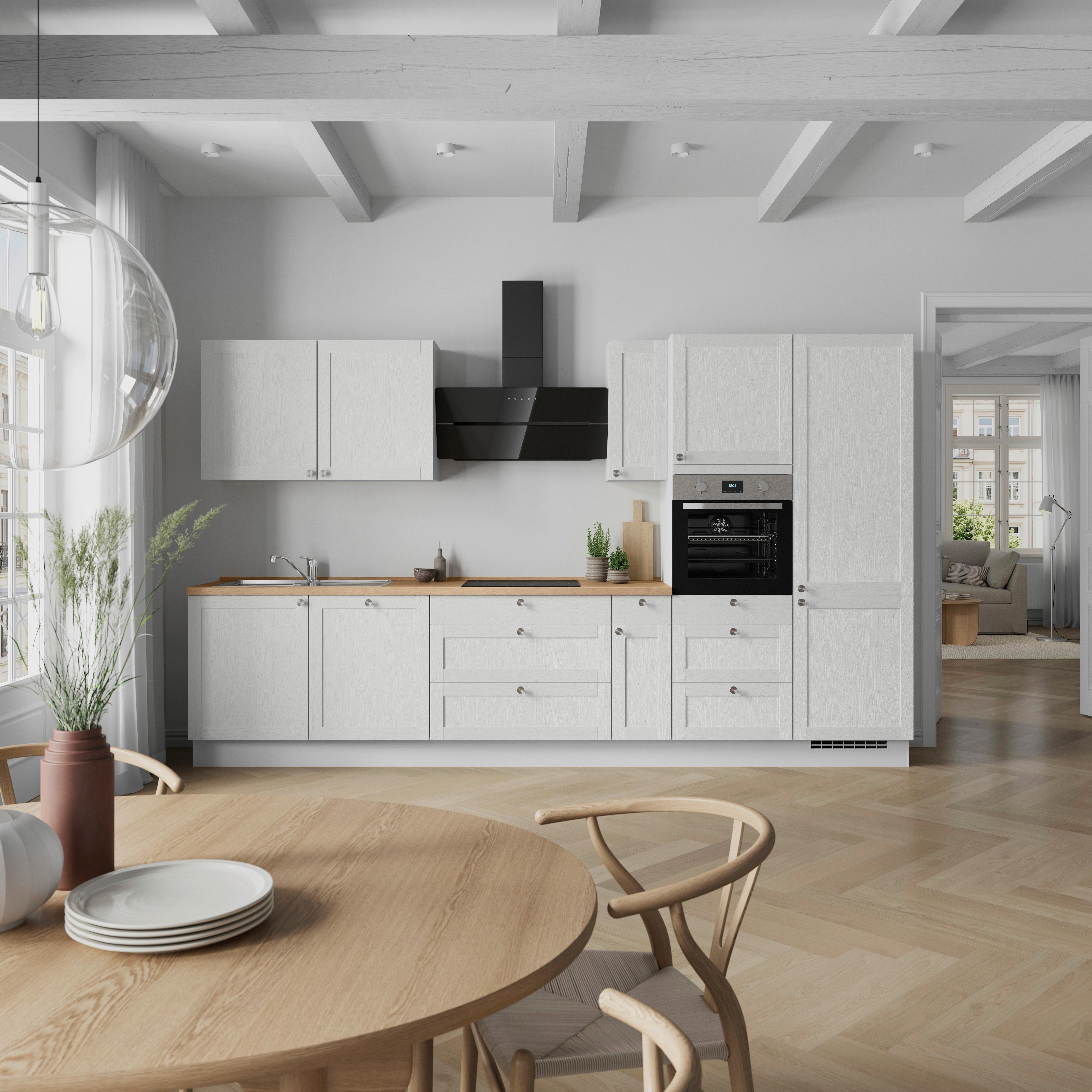 Kuchynská linka 360 cm, biela / dub Sierra - biela/farba ušľachtilej ocele, Romantik / Landhaus, kov/kompozitné drevo (360cm) - Nobilia