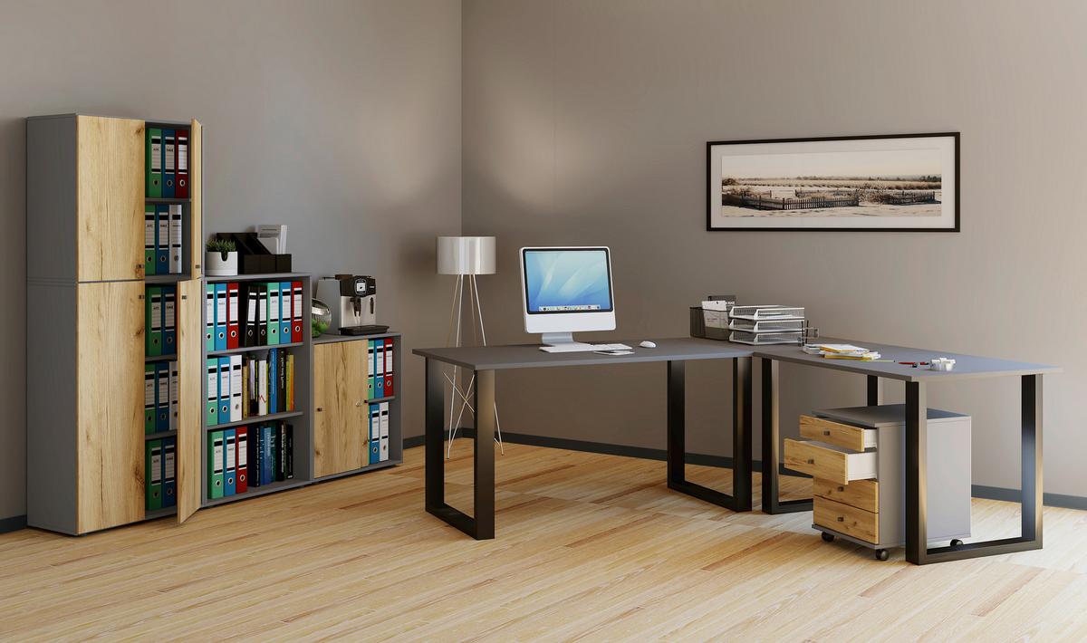 Eckschreibtisch Lona Anthrazit/schwarz L: 220 Cm - Anthrazit/Schwarz, Design, Holzwerkstoff/Metall (220/220/76cm) - MID.YOU