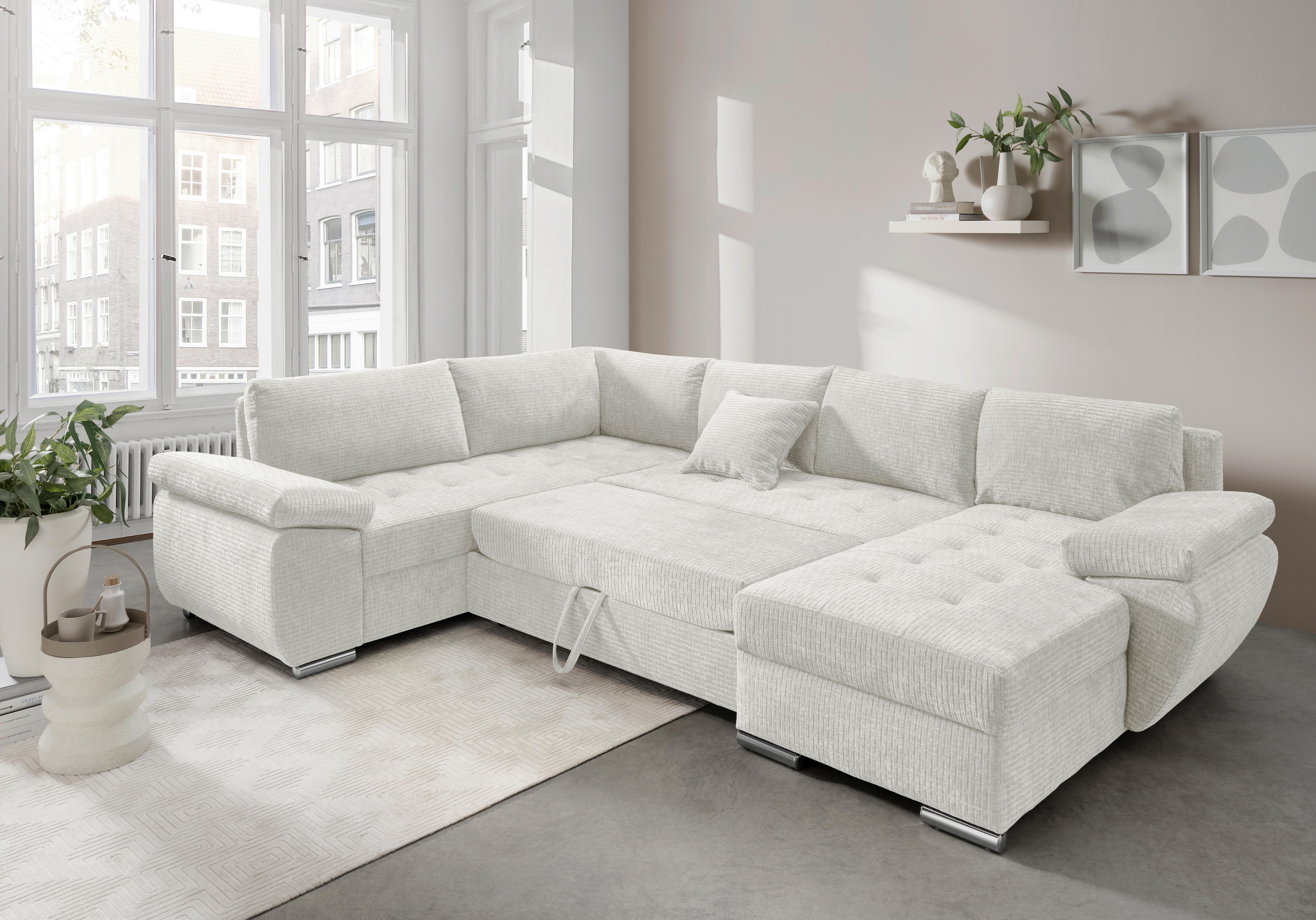 Wohnlandschaft Terana Creme mit Schlaffunktion, Mikrofaser - Chromfarben/Creme, KONVENTIONELL, Textil (219/305/157cm) - Livetastic