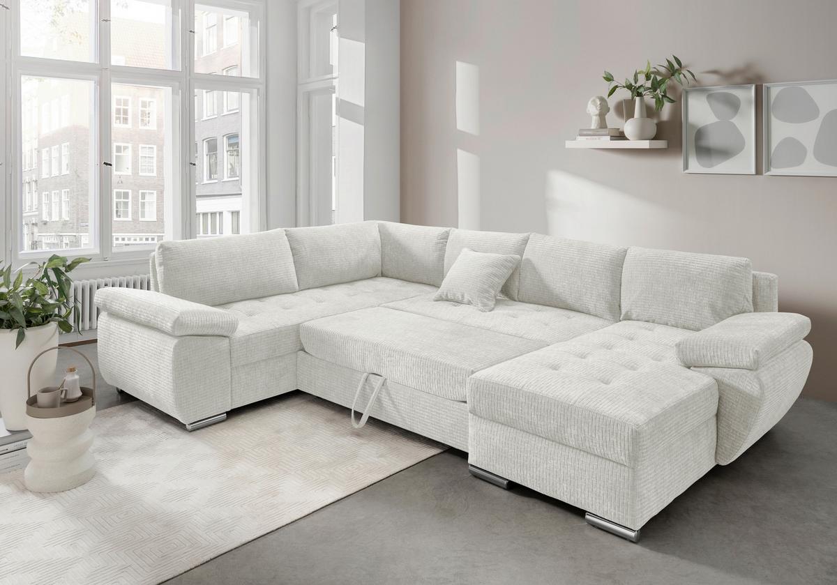 Wohnlandschaft Terana Creme mit Schlaffunktion, Mikrofaser - Chromfarben/Creme, KONVENTIONELL, Textil (219/305/157cm) - Livetastic