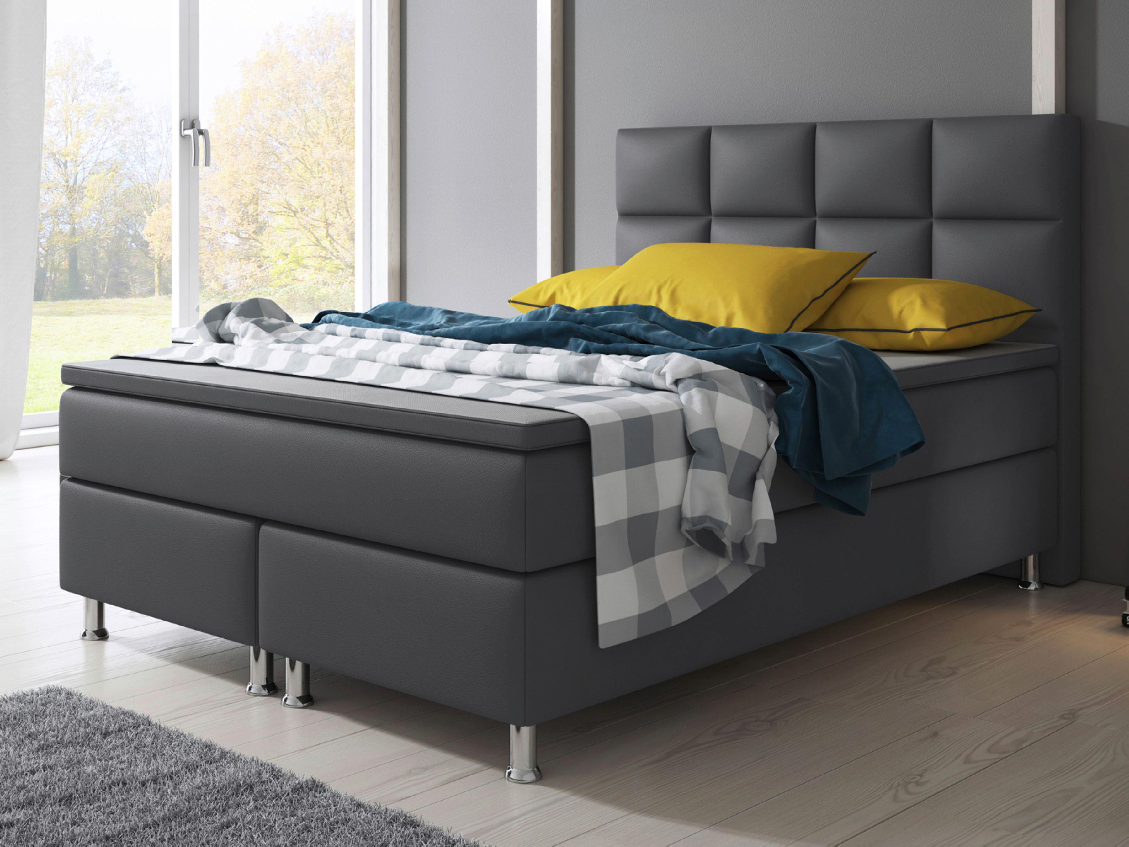 Boxspringbett Mit Topper / Matratze 180x200 Cm Miami - Anthrazit/Silberfarben, KONVENTIONELL, Leder/Textil (140/115/210cm) - MID.YOU