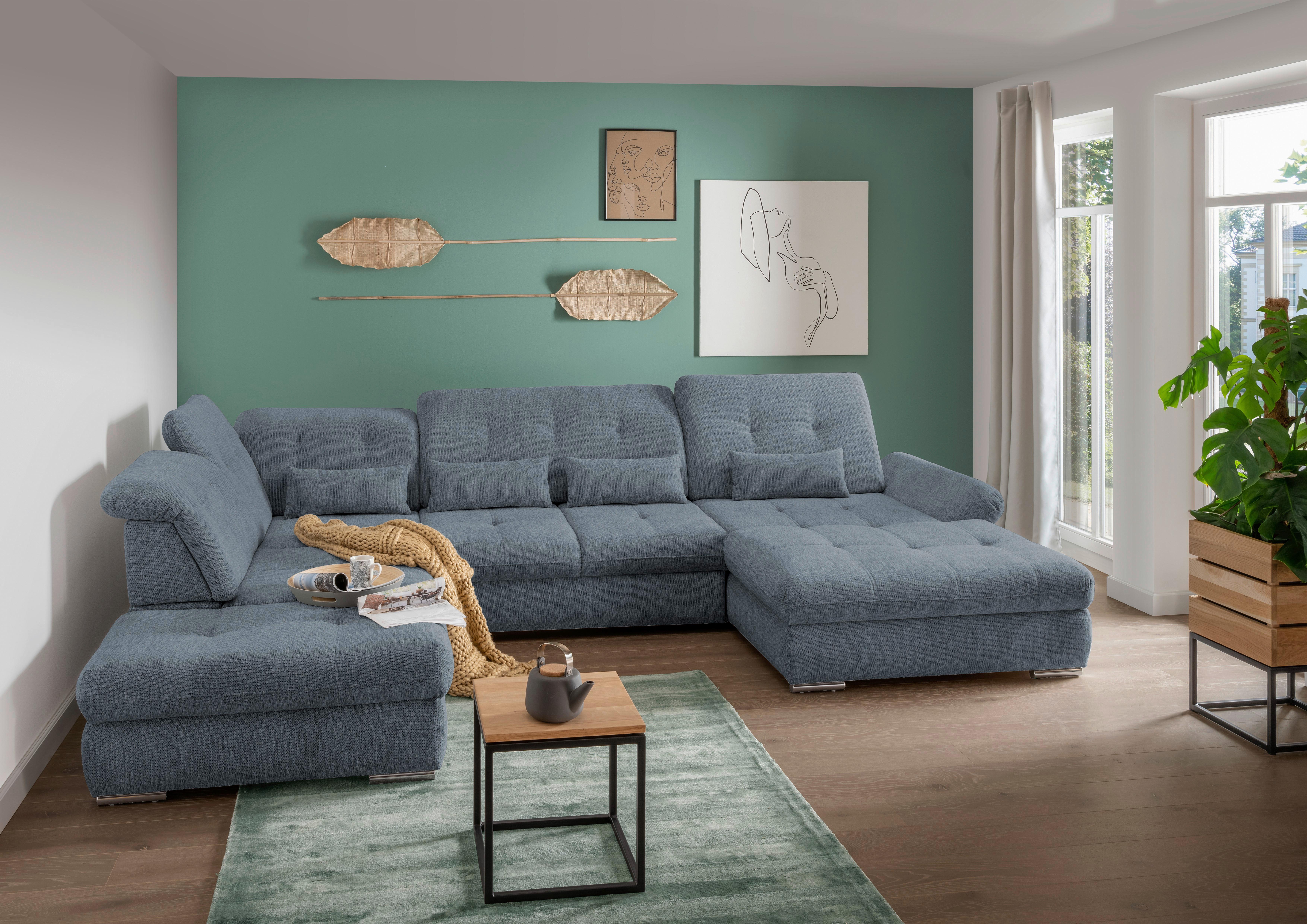 Wohnlandschaft Dalida Mit Schlaffunktion Hellblau - Chromfarben/Hellblau, Design, Textil (254/376/195cm) - Livetastic
