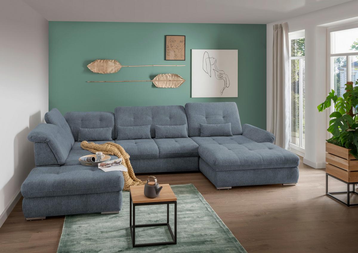Wohnlandschaft Dalida Mit Schlaffunktion Hellblau - Chromfarben/Hellblau, Design, Textil (254/376/195cm) - Livetastic