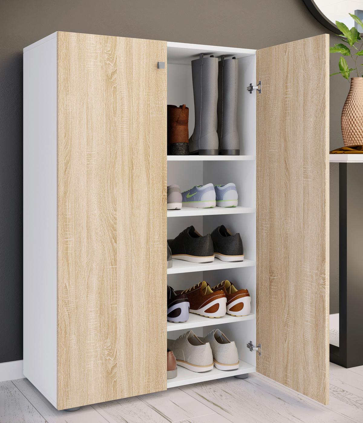 Schuhschrank Lona Weiß Sonoma Eiche Dekor - Schwarz/Weiß, Design, Holzwerkstoff (70/110/39cm) - MID.YOU