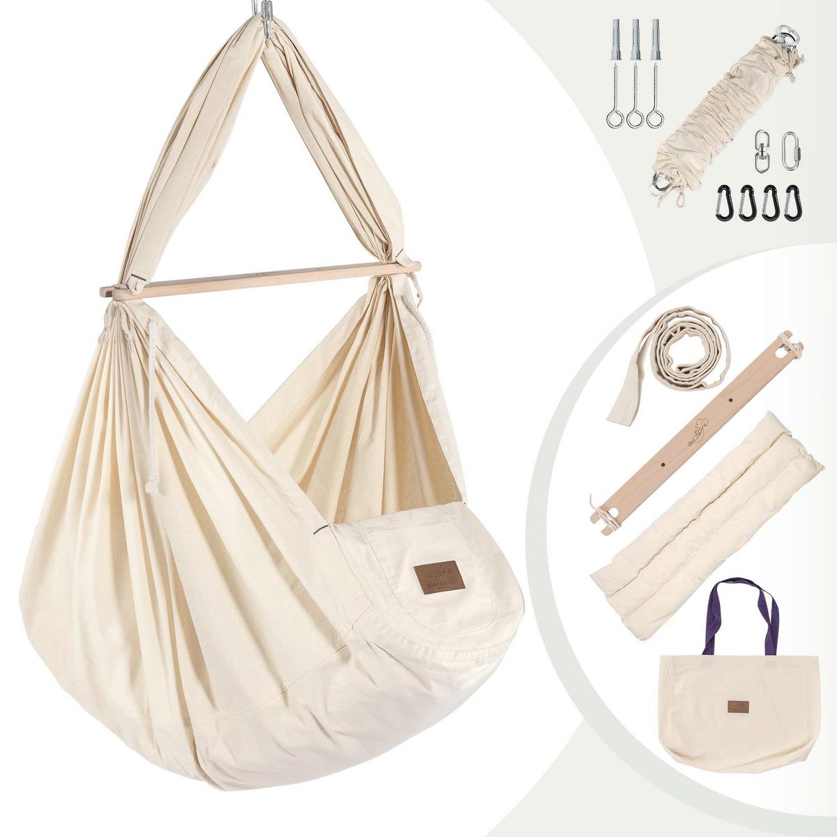 Federwiege Sw-Set-Ft-001 - Beige/Weiß, Basics, Holz/Textil (135/194/135cm) - SCHMUSEWOLKE