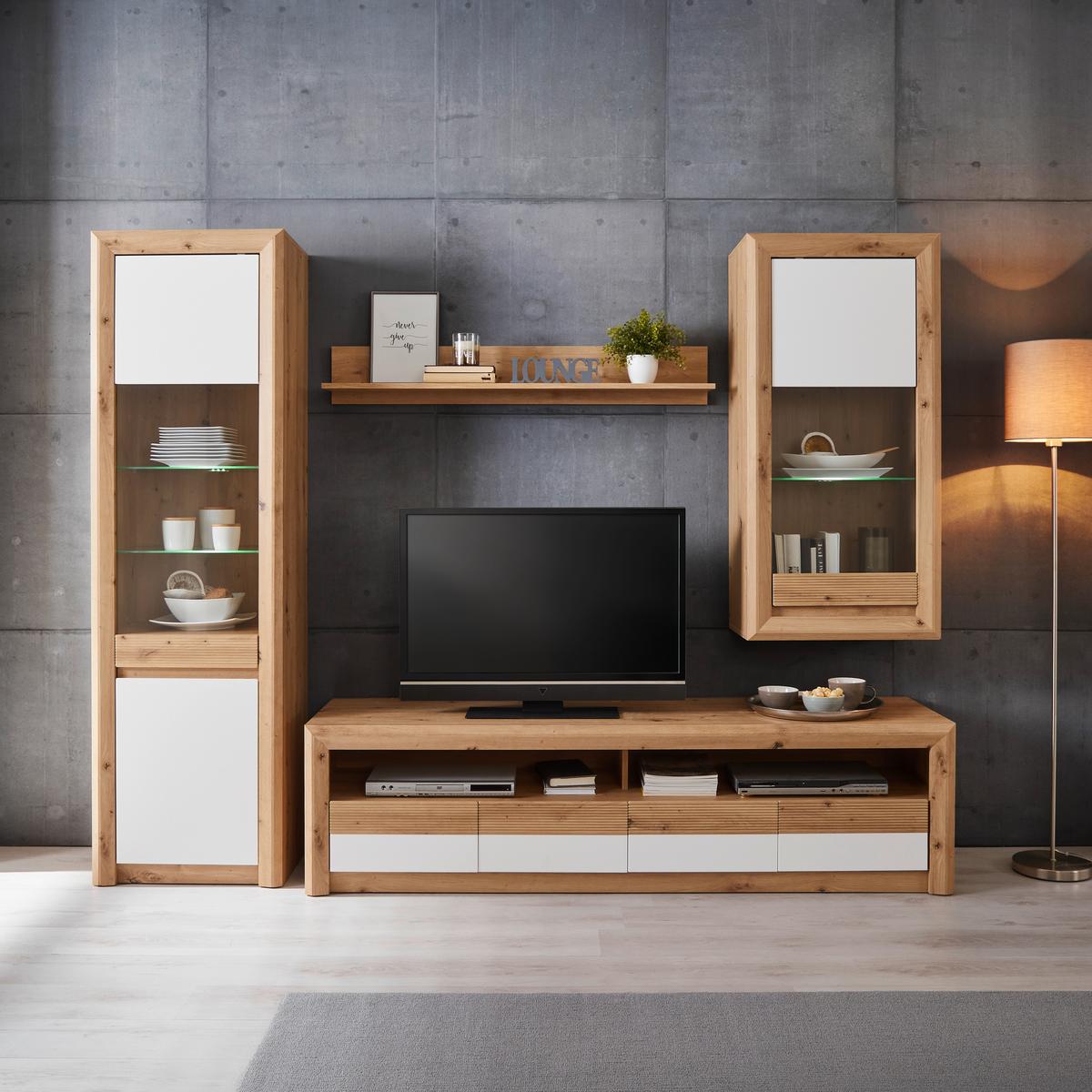 Vitrine Kashmir New B: 57 cm inkl. LED, Eiche Dekor/Weiß - Eichefarben/Schwarz, MODERN, Glas/Holzwerkstoff (57/192/41cm) - James Wood