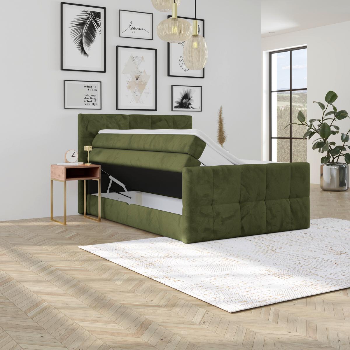 Boxspringbett mit Topper und Bettkasten 140x200 cm Medino - Dunkelgrün, KONVENTIONELL, Holz/Holzwerkstoff (140/200cm) - Luca Bessoni