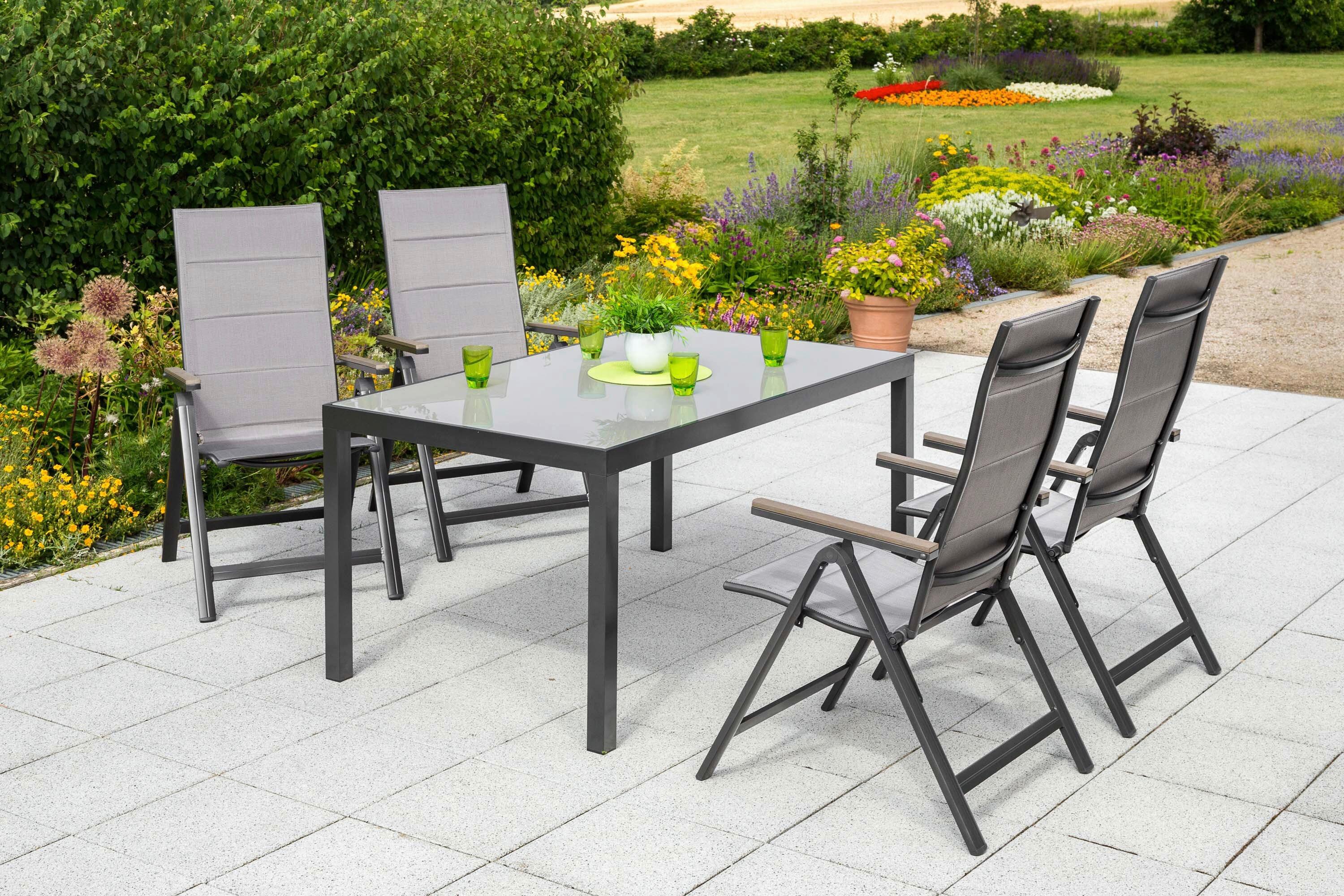 Gartentischgruppe 5tlg. Set - Graphitfarben/Grau, KONVENTIONELL, Glas/Kunststoff - Gardenson