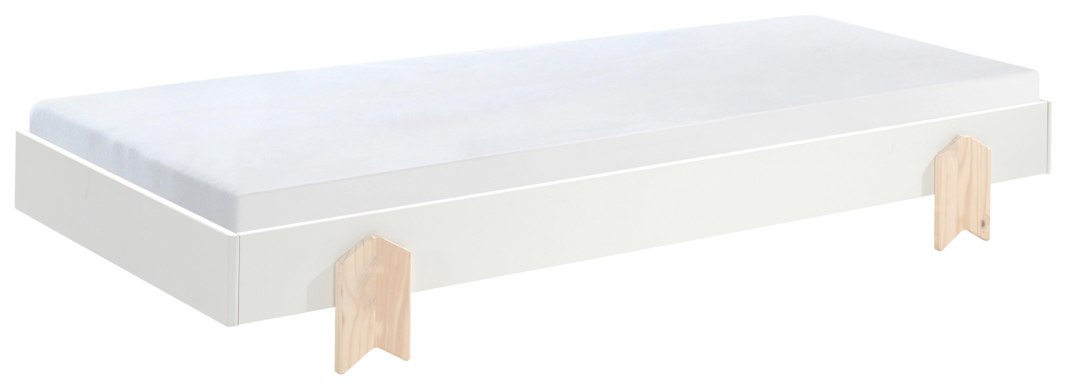 Rahmen: Weiß • Füße: Kiefer/ massiv • inkl. Lattenrost • B/H/T:ca. 203,6/27,5/93,8cm • max. belastbar: ca. 75 kg