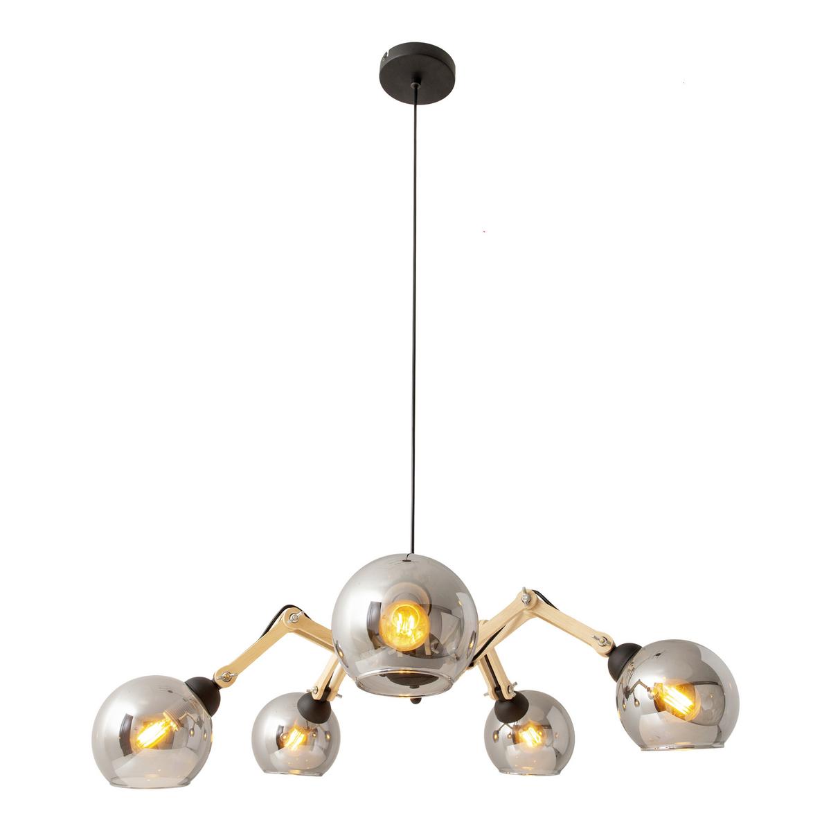 Hängeleuchte H: 130 Cm 5-Flammig, Echtholz/eisen - Schwarz/Naturfarben, Design, Glas/Holz (80/130cm) - Näve