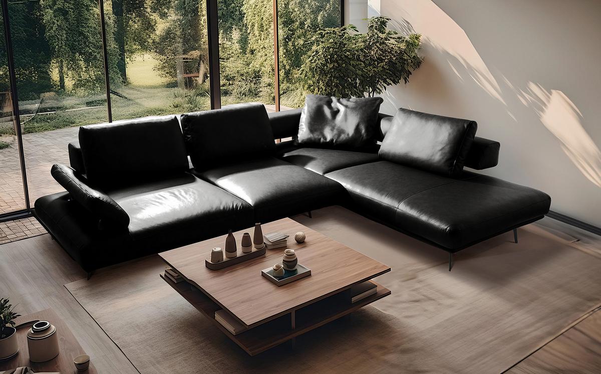 Ecksofa Como Echtleder Schwarz 306x237 - Schwarz/Grau, Design, Leder (306/237cm) - Livetastic