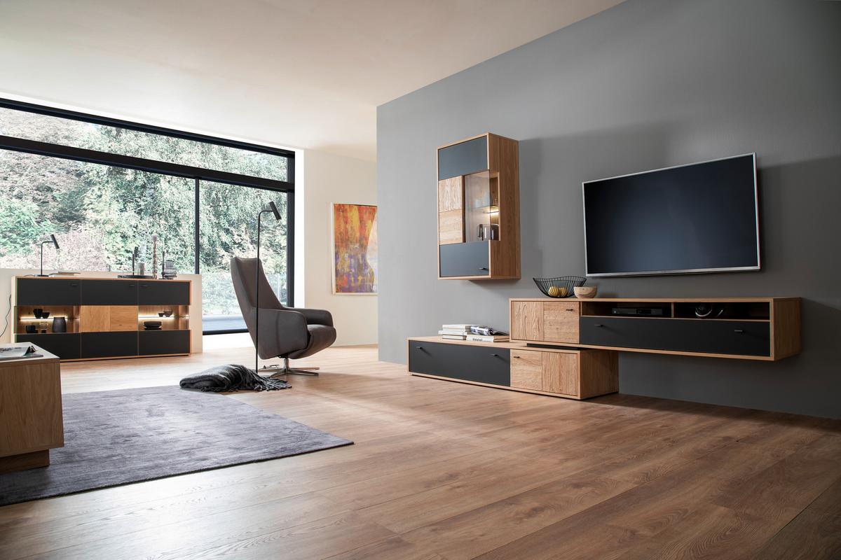 Wohnkombination teilmassiv 2tlg. Valencia Anthrazit/Eiche - Eiche Bianco/Anthrazit, Design, Glas/Holz (306/198/50cm) - MID.YOU
