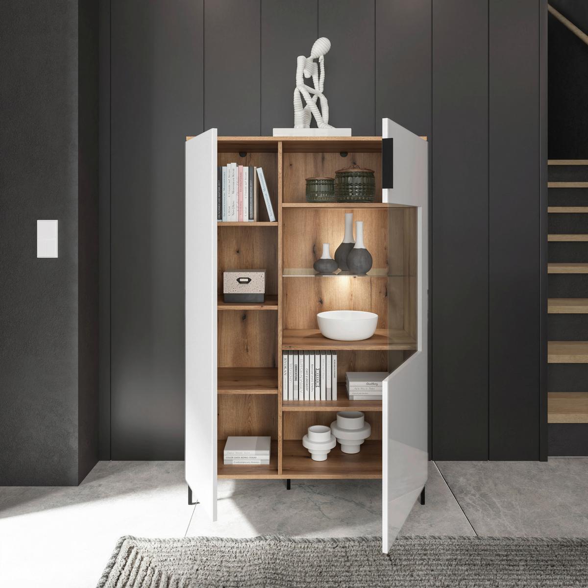 Highboard Austin 90 cm Eichefarben/Glasfront Weiss - Eichefarben/Schwarz, Trend, Glas/Holzwerkstoff (90/140/40cm)