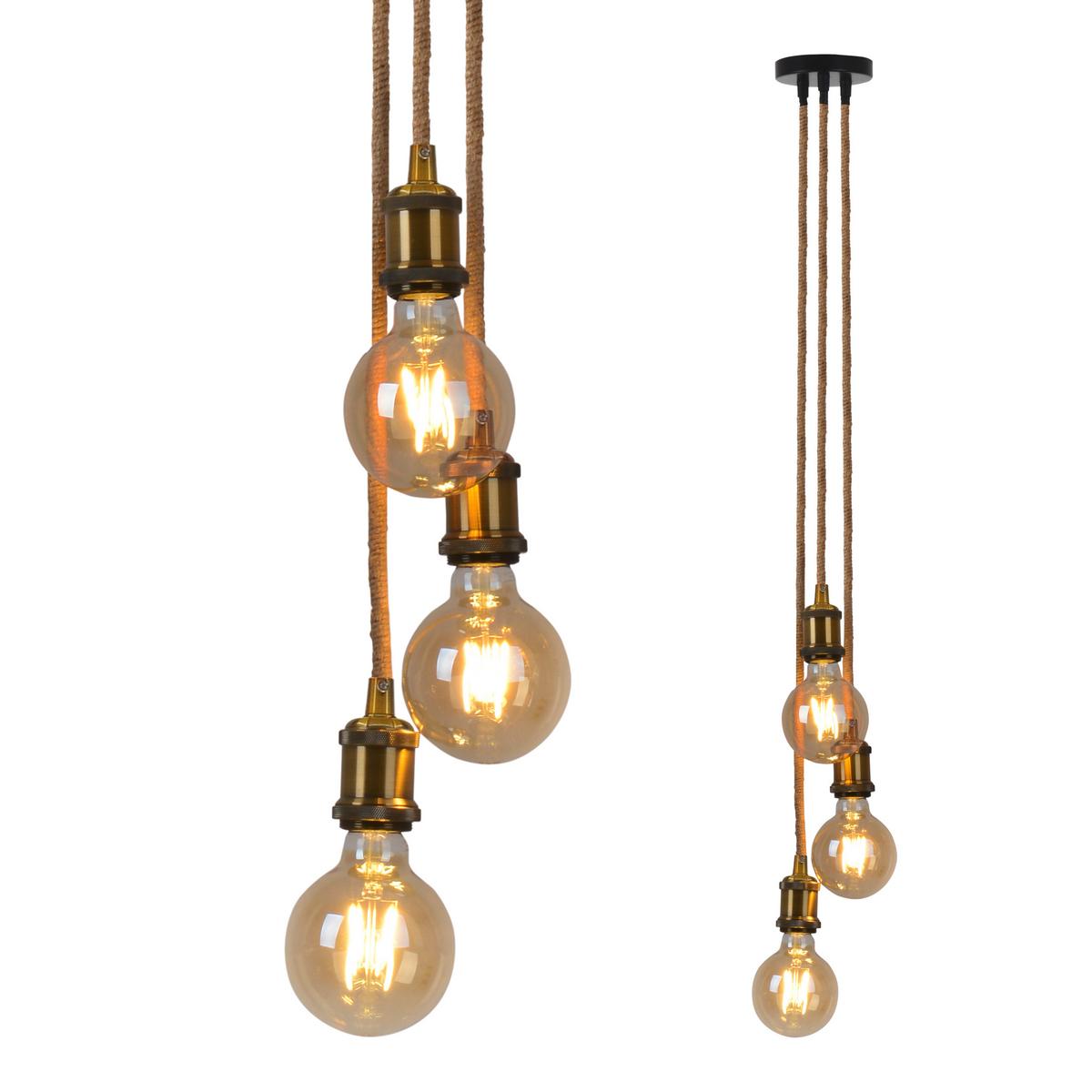 Hängeleuchte Näve H: ca. 87,5 cm 3-Flammig mit Hanfseil - Messingfarben/Naturfarben, Design, Naturmaterialien/Metall (17/87,5cm) - Näve