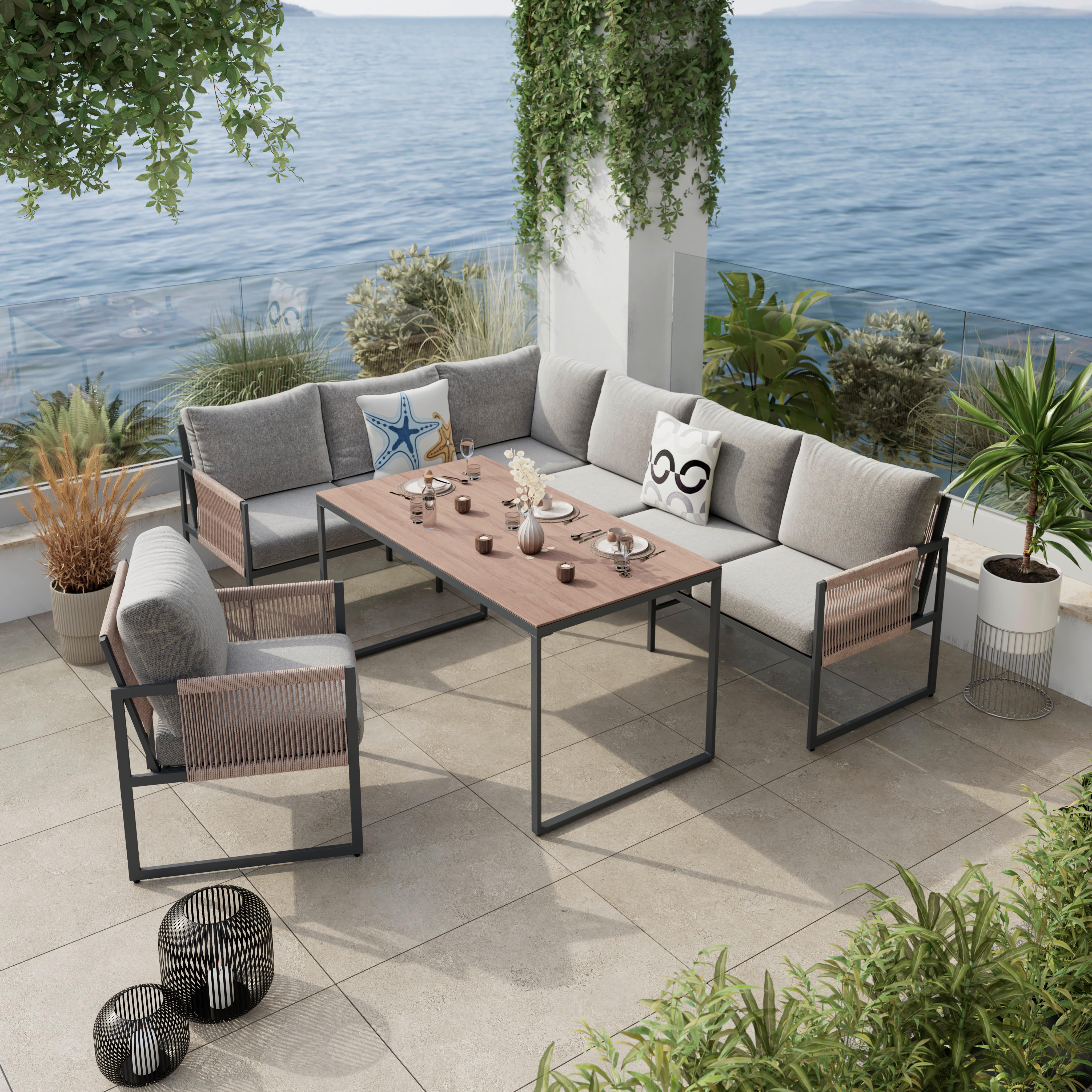 Loungegarnitur Lyon Metall Tisch mit Glasplatte - Dunkelgrau/Beige, MODERN, Glas/Kunststoff (244,50/187cm) - Beldano