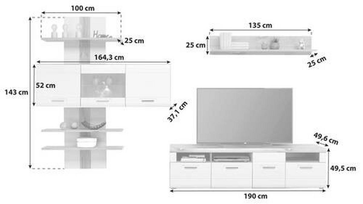 Wohnkombination 4-Tlg. Auris, Weiß/Eiche Dekor - Eichefarben/Weiß, MODERN, Glas/Holzwerkstoff (354,3/204,2/49,6cm) - Luca Bessoni
