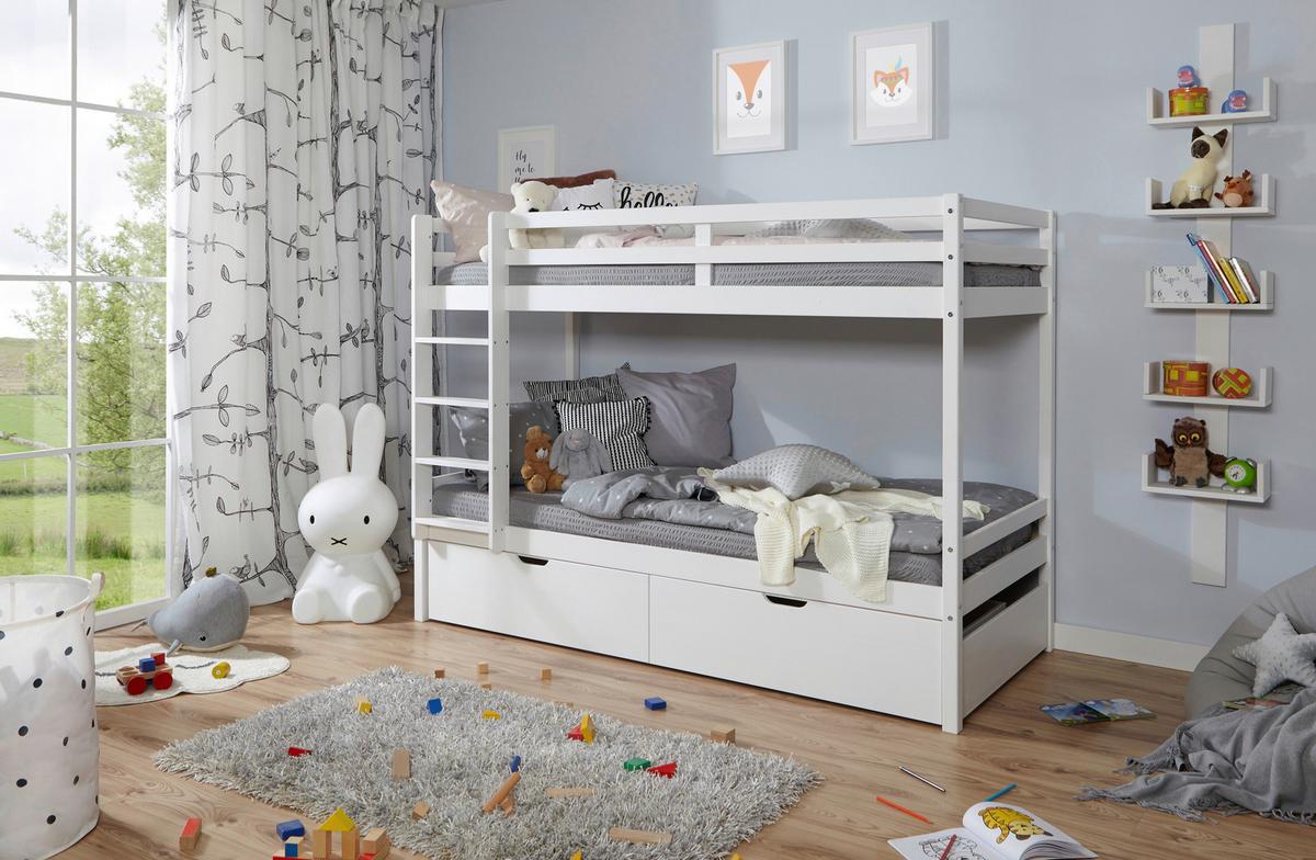 Etagenbett Finn Weiß Kiefer Massiv Mit Leiter - Weiß, MODERN, Holz (90/200cm) - MID.YOU