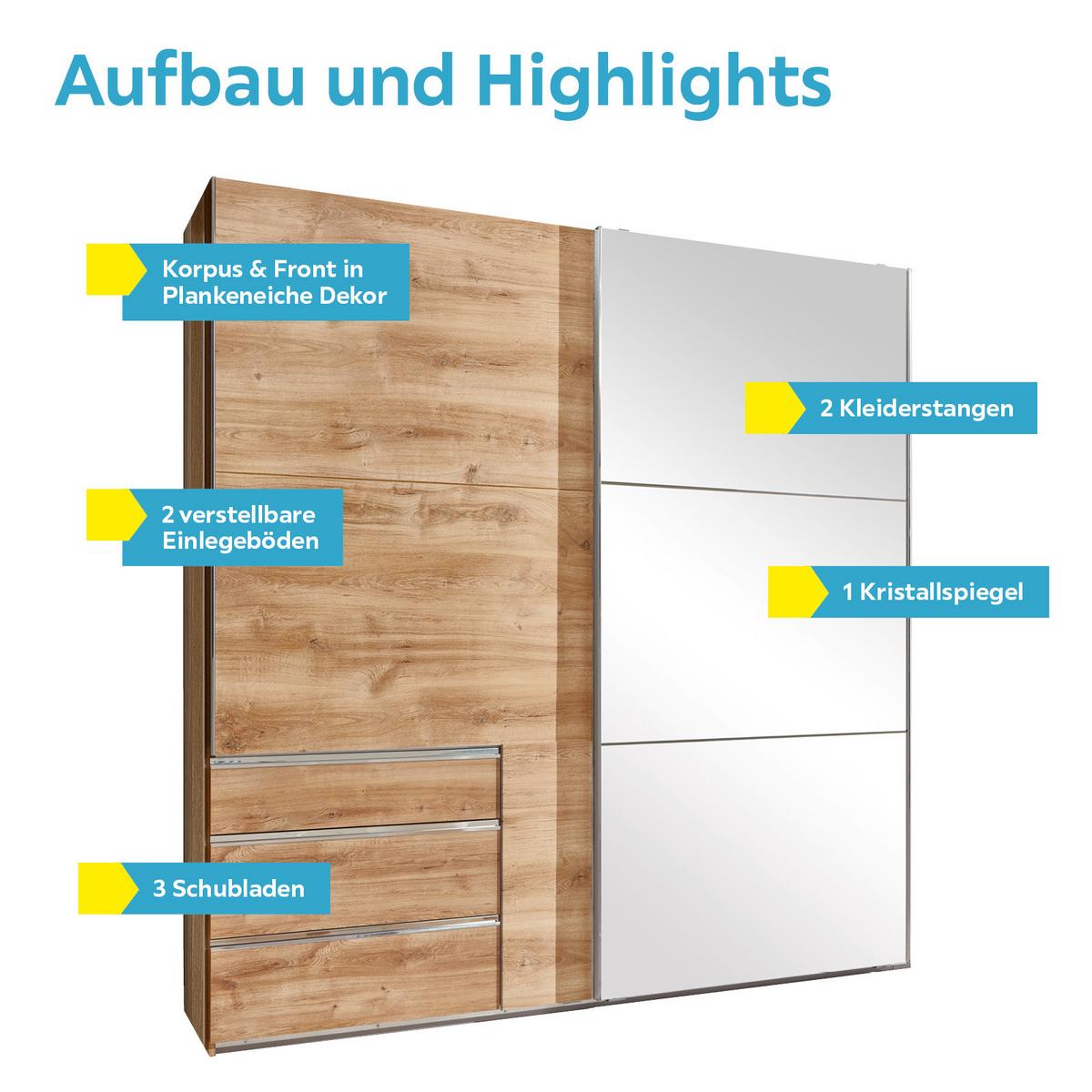 Schwebetürenschrank M. Spiegel 200cm Level 36a, Eiche Dekor - Eichefarben, MODERN, Glas/Holzwerkstoff (200/216/65cm) - MID.YOU