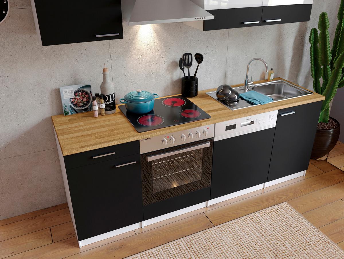 Küchenzeile Economy M. Geräten 220 Cm Schwarz/nussbaum Dekor - Nussbaumfarben/Schwarz, Basics, Holzwerkstoff (220cm) - Respekta