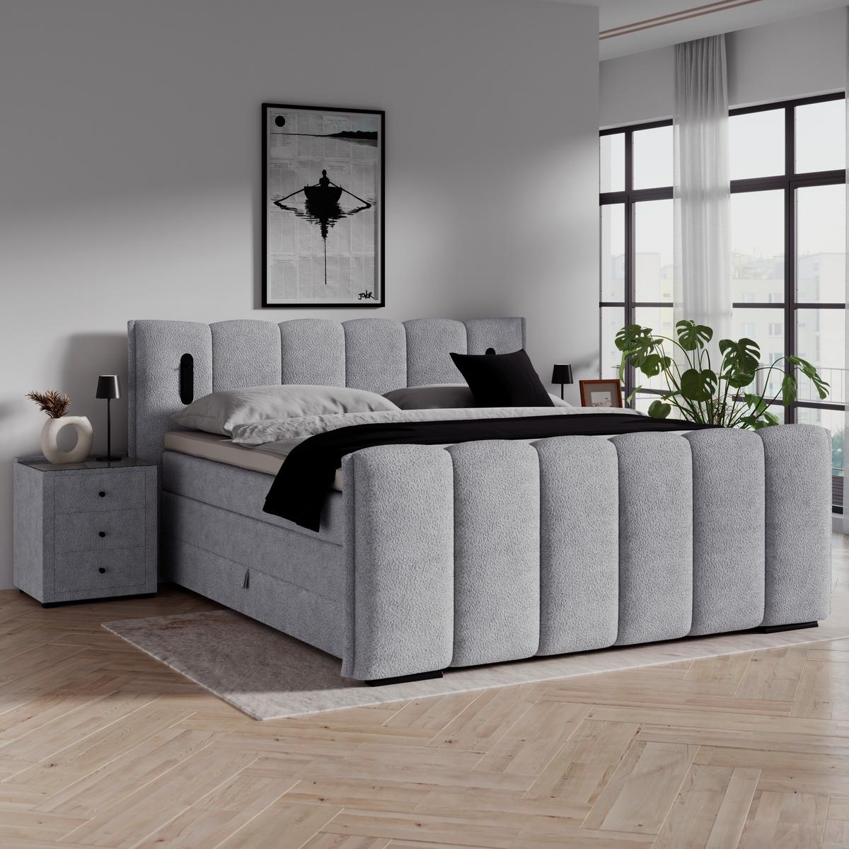 Boxspringbett Elysia inkl. Bettkasten 180x200 - Hellgrau/Schwarz, Trend, Holz/Holzwerkstoff (180/200cm) - Luca Bessoni