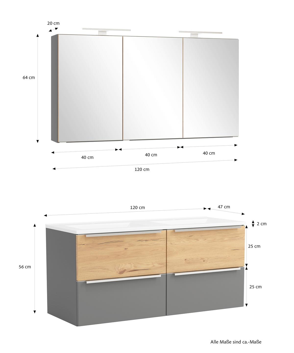 Badezimmer Verona Grau/Wildeiche 3-Teilig - Wildeiche/Weiß, Trend, Glas/Holzwerkstoff (120cm) - Held