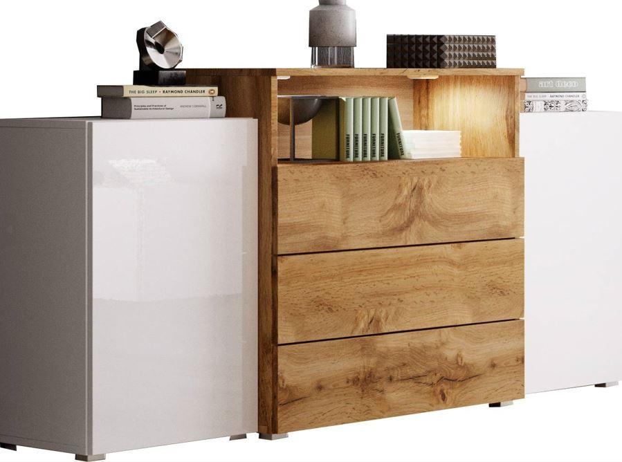 Sideboard Mit Led 150cm Urban Iii ,weiß/eiche - Weiß Hochglanz/Eiche Wotan, LIFESTYLE, Holzwerkstoff (150/68,7/32,5cm) - P & B