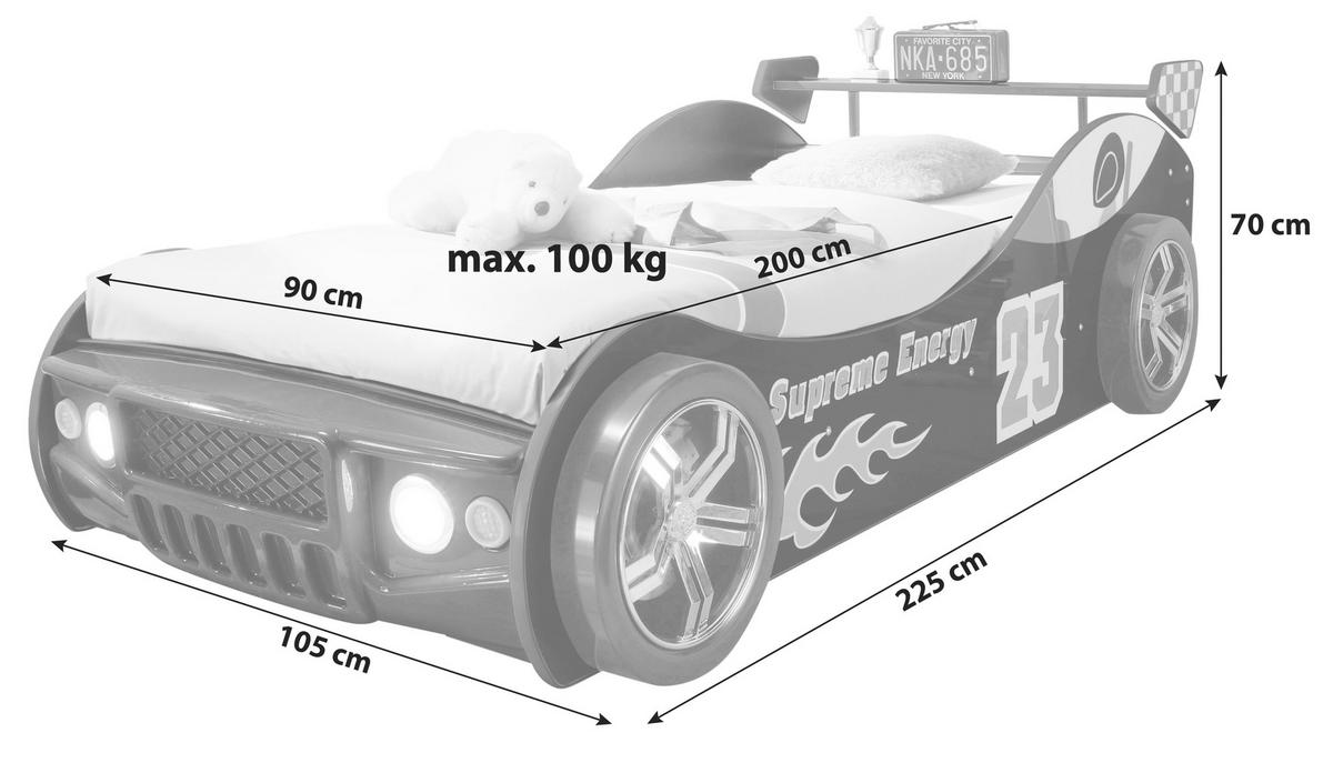 Autobett Energy Rennwagen 90x200 Schwarz mit Beleuchtung - Schwarz, KONVENTIONELL, Holzwerkstoff (90/200cm) - MID.YOU