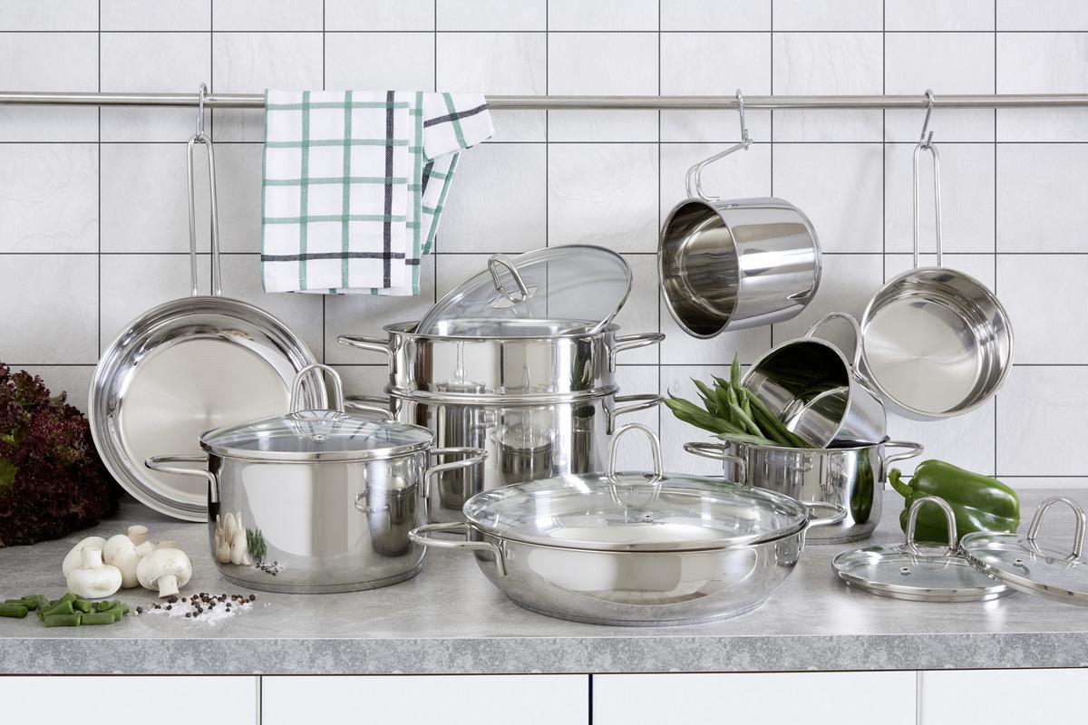 Kochtopfset Jörg 14 -teilig. Edelstahl, Mit Deckel - Klar/Edelstahlfarben, KONVENTIONELL, Glas/Metall - James Wood
