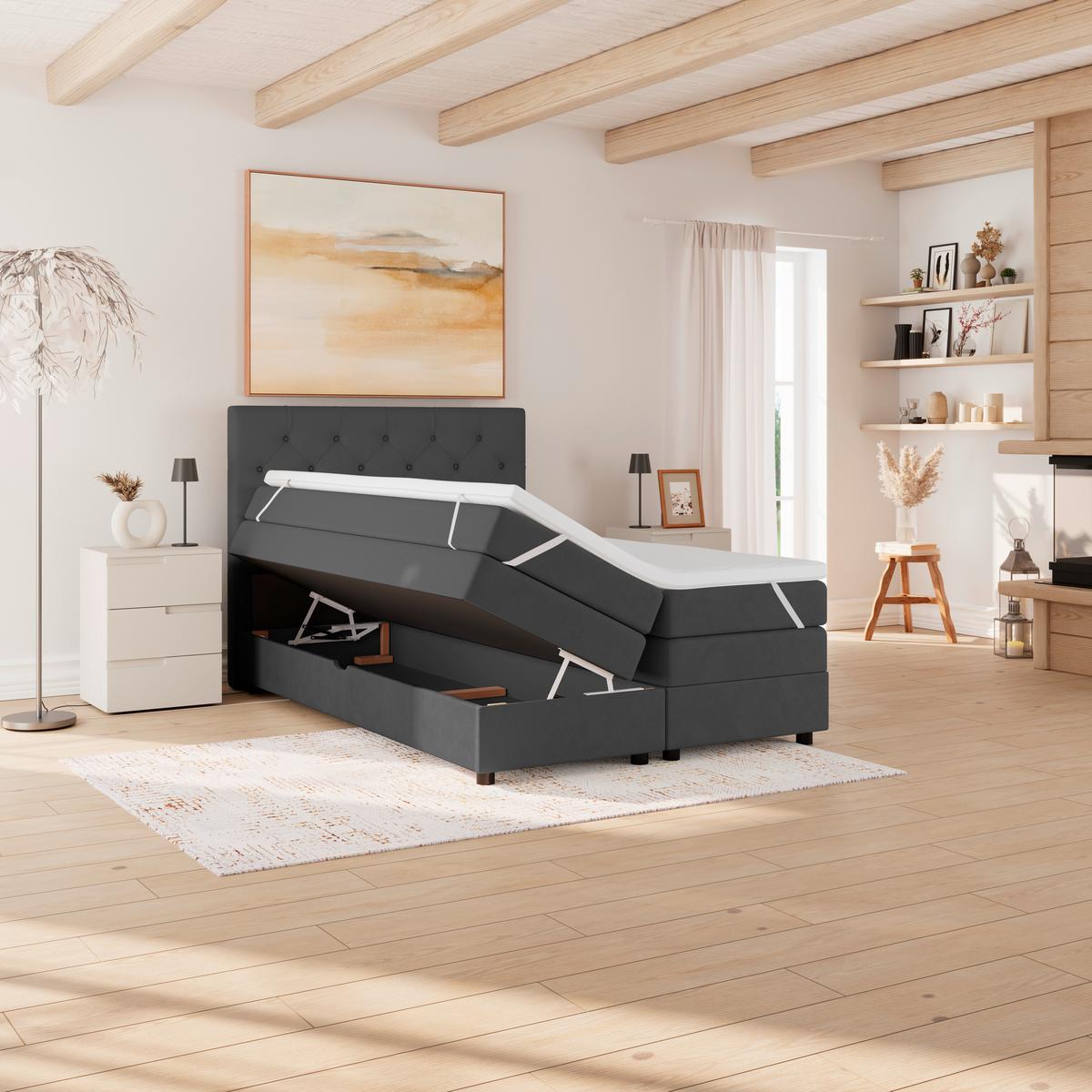 Boxspringbett Elio Graphitfarben 140x200 Cm H4 - Schwarz/Graphitfarben, ROMANTIK / LANDHAUS, Textil (144/121/212cm) - James Wood