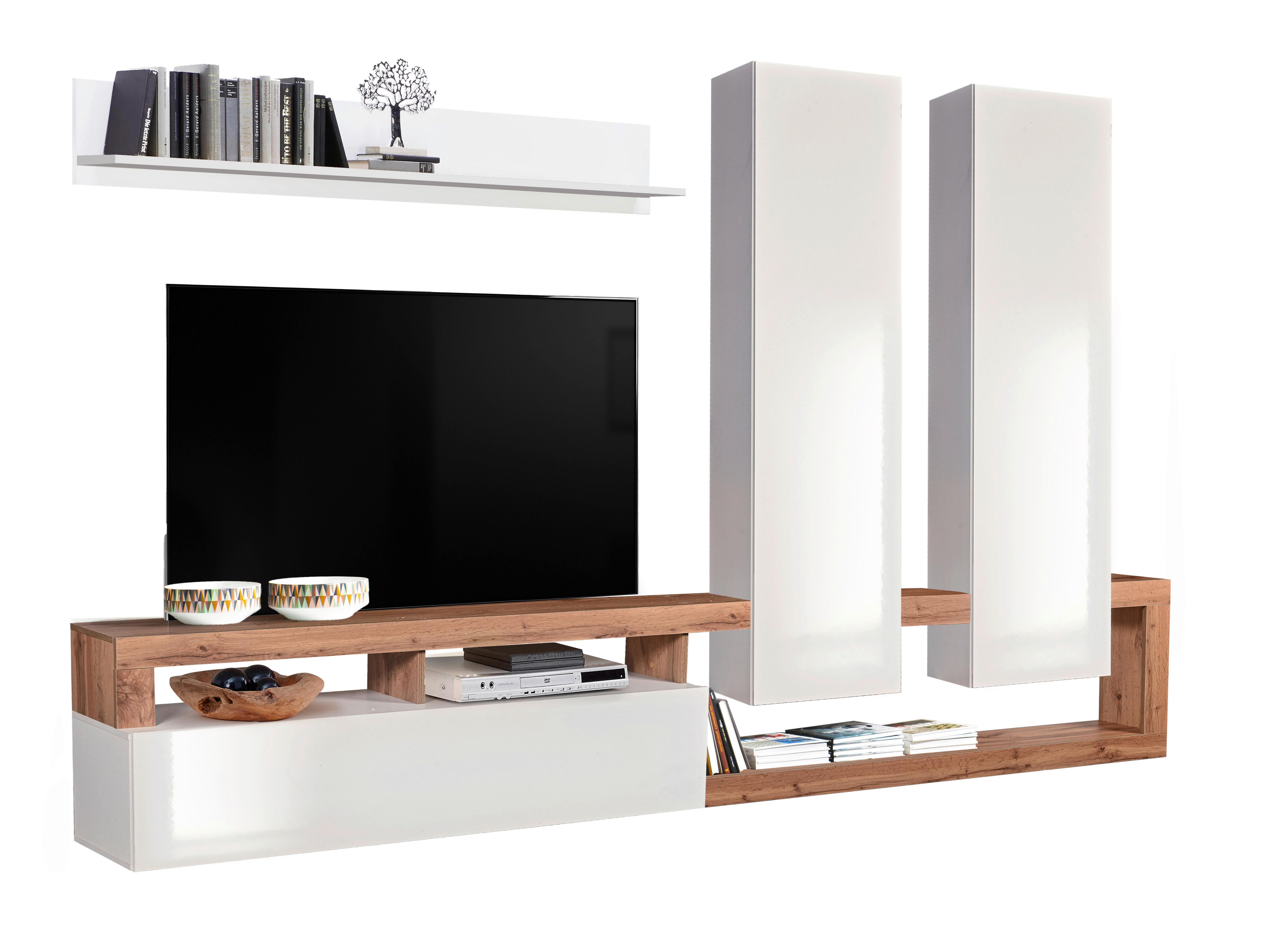 OBÝVACÍ STĚNA DALLAS BIG - dub wotan/vysoce lesklá bílá, Basics, kompozitní dřevo (277/173/35cm)