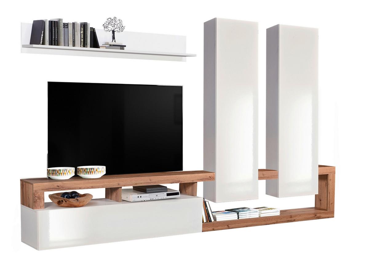 OBÝVACÍ STĚNA DALLAS BIG - dub wotan/vysoce lesklá bílá, Basics, kompozitní dřevo (277/173/35cm)