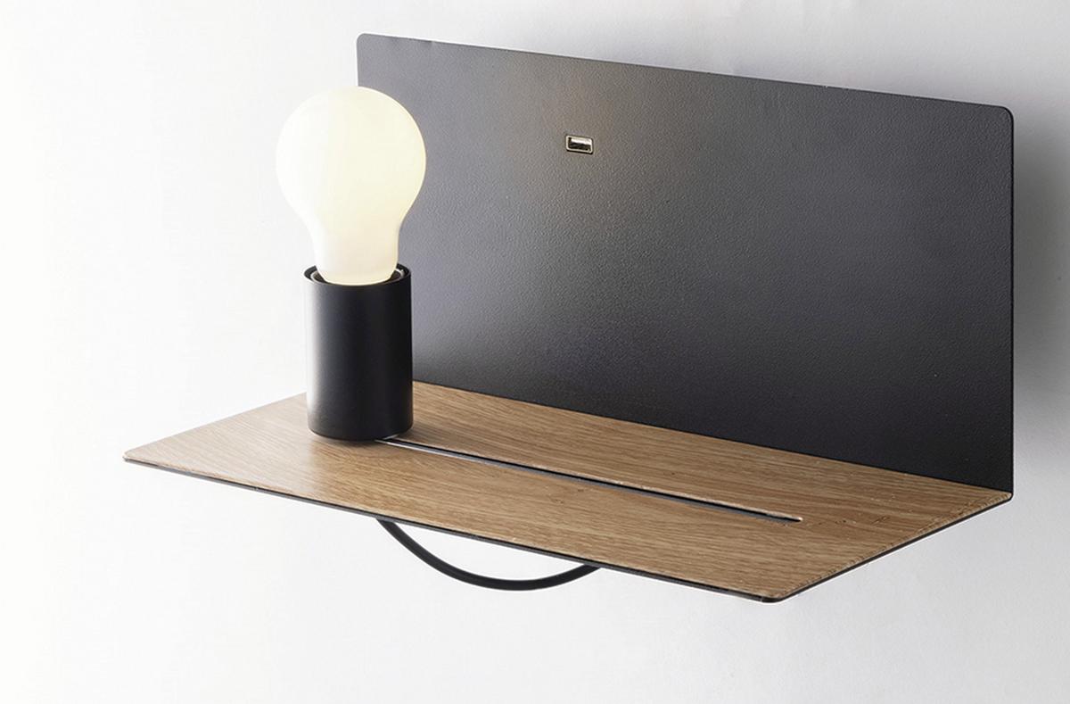 Wandleuchte Flash 1-Flammig Kippschalter + USB-Anschluss - Eichefarben/Schwarz, Basics, Metall (15/33/18cm)