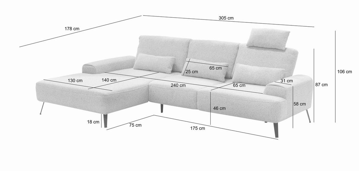 Ecksofa Astoria Dunkelgrau S:178x307cm - Dunkelgrau/Schwarz, Design, Textil (178/305cm) - Livetastic