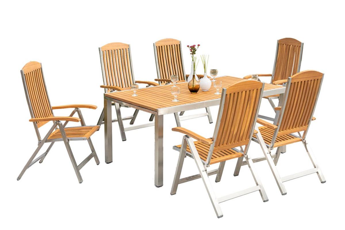 Gartengarnitur 7-Tlg. Keros Holz/Metall - Silberfarben/Akaziefarben, KONVENTIONELL, Holz/Metall - Gardenson