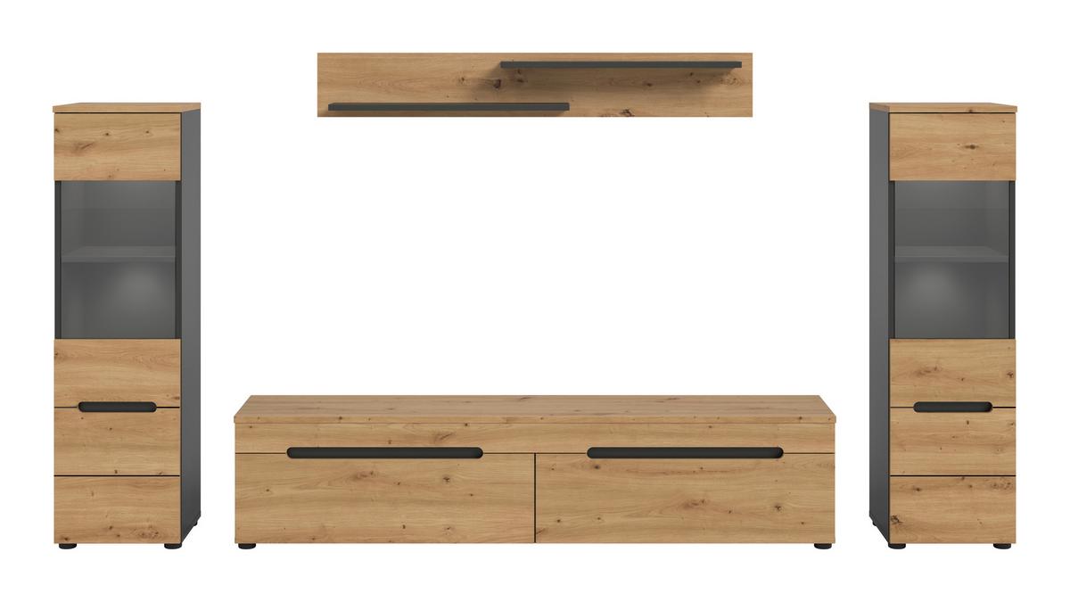 Wohnwand Canu Eiche Artisan Dekor B: 272cm - Schwarz/Eiche Artisan, Design, Holzwerkstoff (272/141/33cm) - Livetastic