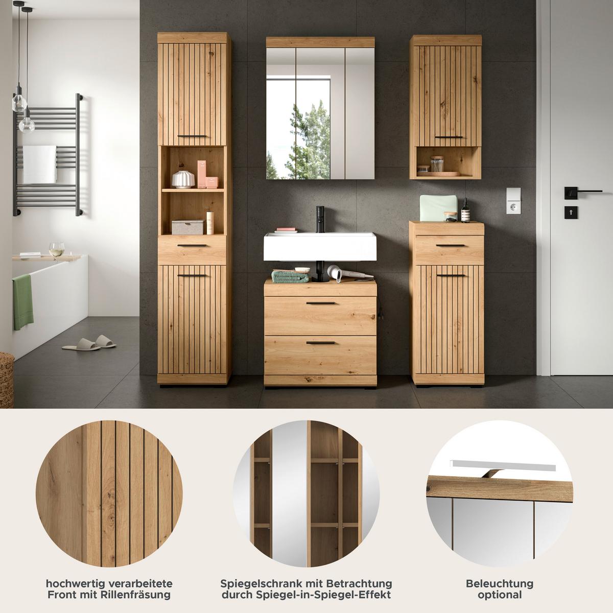 Badezimmer Scout Eiche Artisan Dekor B: 134cm - Schwarz/Eiche Artisan, Trend, Glas/Holzwerkstoff (134cm) - MID.YOU