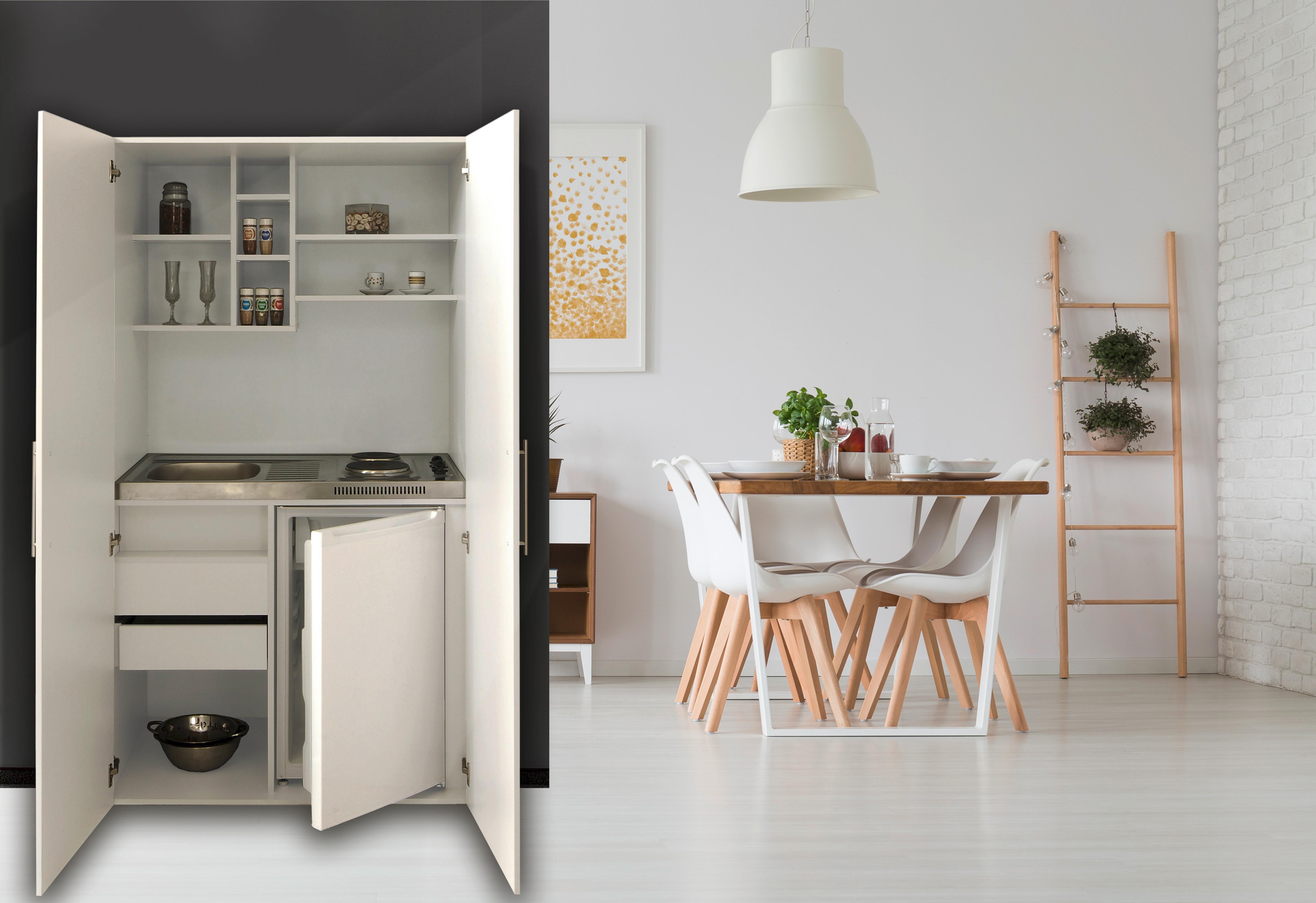 Schrankküche M. Kühlschrank + Kochfeld 104 Cm Elegant - Silberfarben/Weiß, MODERN, Holzwerkstoff/Metall (104/193/67cm) - Respekta