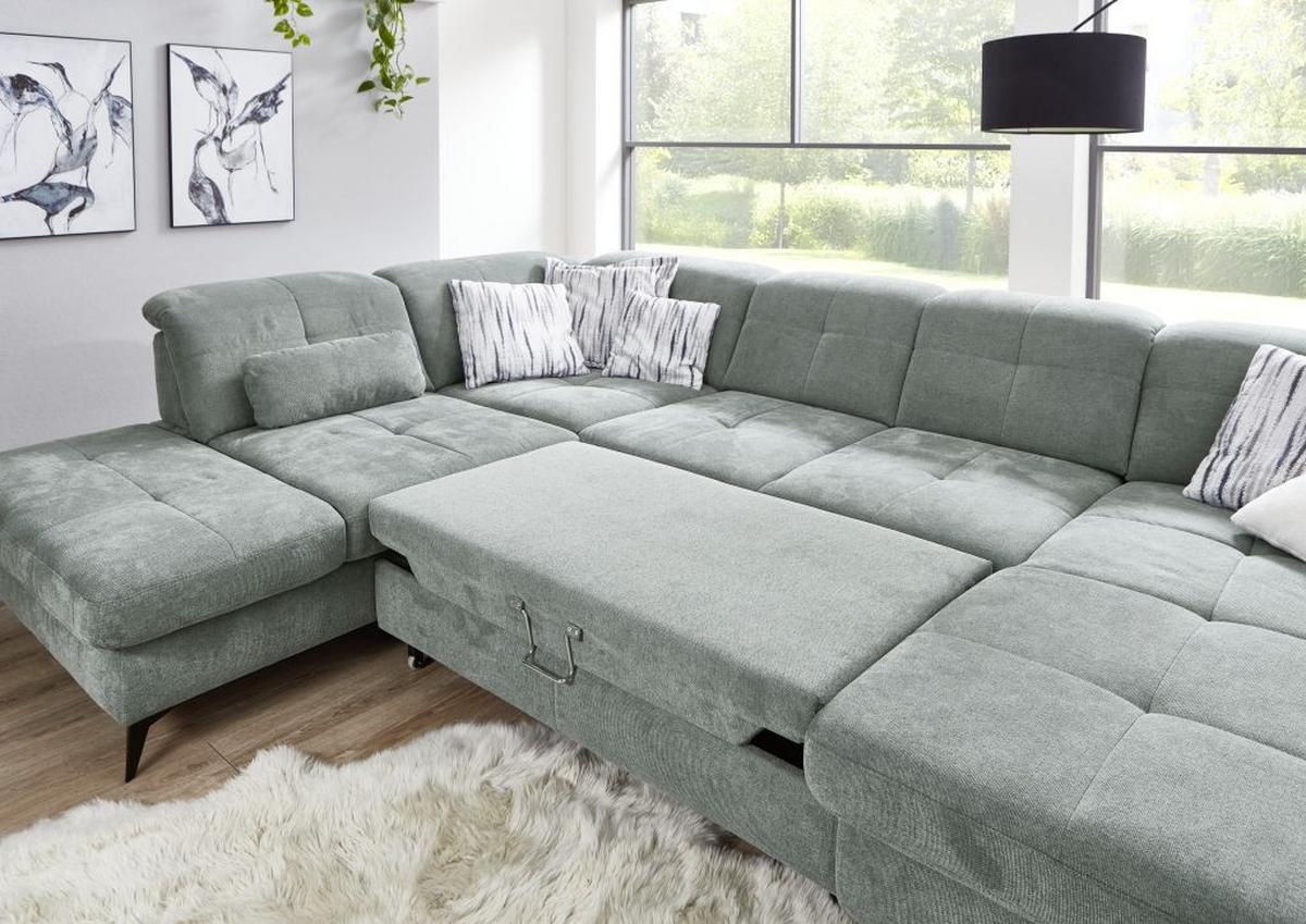 Sedačka SORENA U, ľavá, sv.sivá ženilka, s funkciami - čierna/svetlosivá, Modern, kov/textil (255/353/198cm) - Premium Living