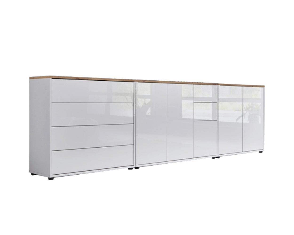 Sideboard Mailand7 B:263,5cm Weiß/Eiche - Weiß Hochglanz/Schwarz, MODERN, Holzwerkstoff (263,5/73/33cm) - MID.YOU