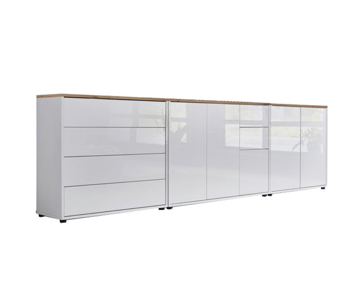 Sideboard Mailand7 B:263,5cm Weiß/Eiche - Weiß Hochglanz/Schwarz, MODERN, Holzwerkstoff (263,5/73/33cm) - MID.YOU