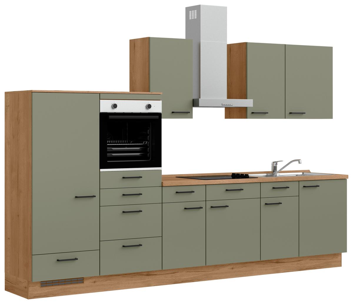 Kuchyňská linka 330 cm, olivově zelená - barvy dubu/černá, Moderní, kov/kompozitní dřevo (330cm) - Nobilia