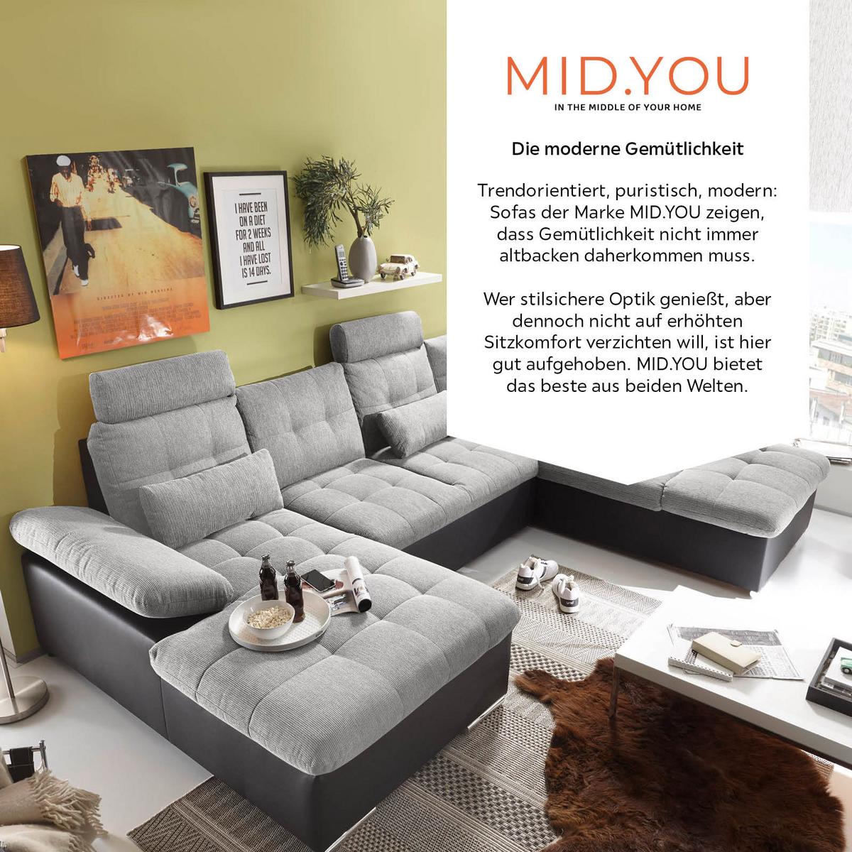 Wohnlandschaft Mit Schlaffunktion Jakarta - Silberfarben/Schwarz, MODERN, Holzwerkstoff/Textil (170/324/218cm) - MID.YOU