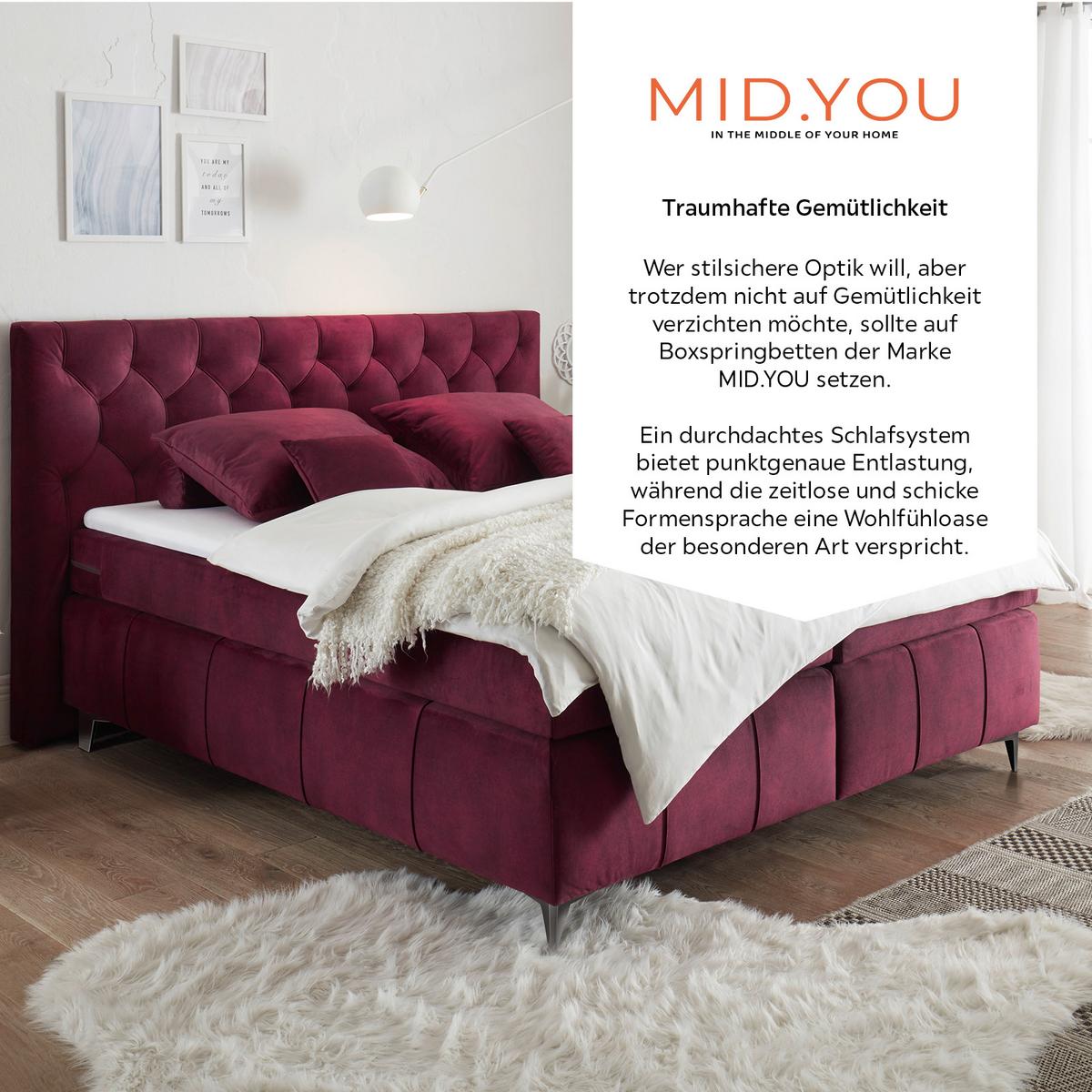Boxspringbett Mit Topper 180x200 Pembroke - Bordeaux/Lila, Basics, Holzwerkstoff/Textil (180/200cm) - MID.YOU