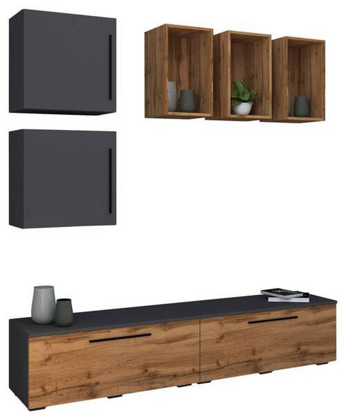 Obývacia stena Arila, 7- dielna, š: 190cm - čierna/farba duba, Modern, kompozitné drevo/plast (190/200/40cm) - MID.YOU