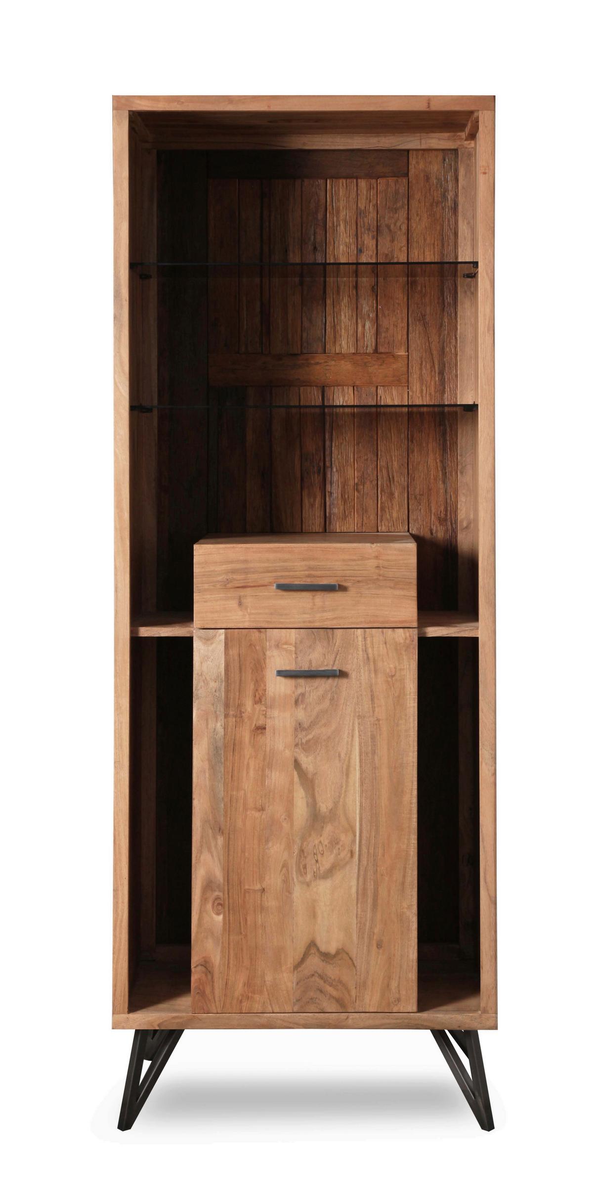 Vitrine Indira Akazie Massiv, B: 72 cm - Schwarz/Akaziefarben, ROMANTIK / LANDHAUS, Holz/Metall (72/195/40cm)