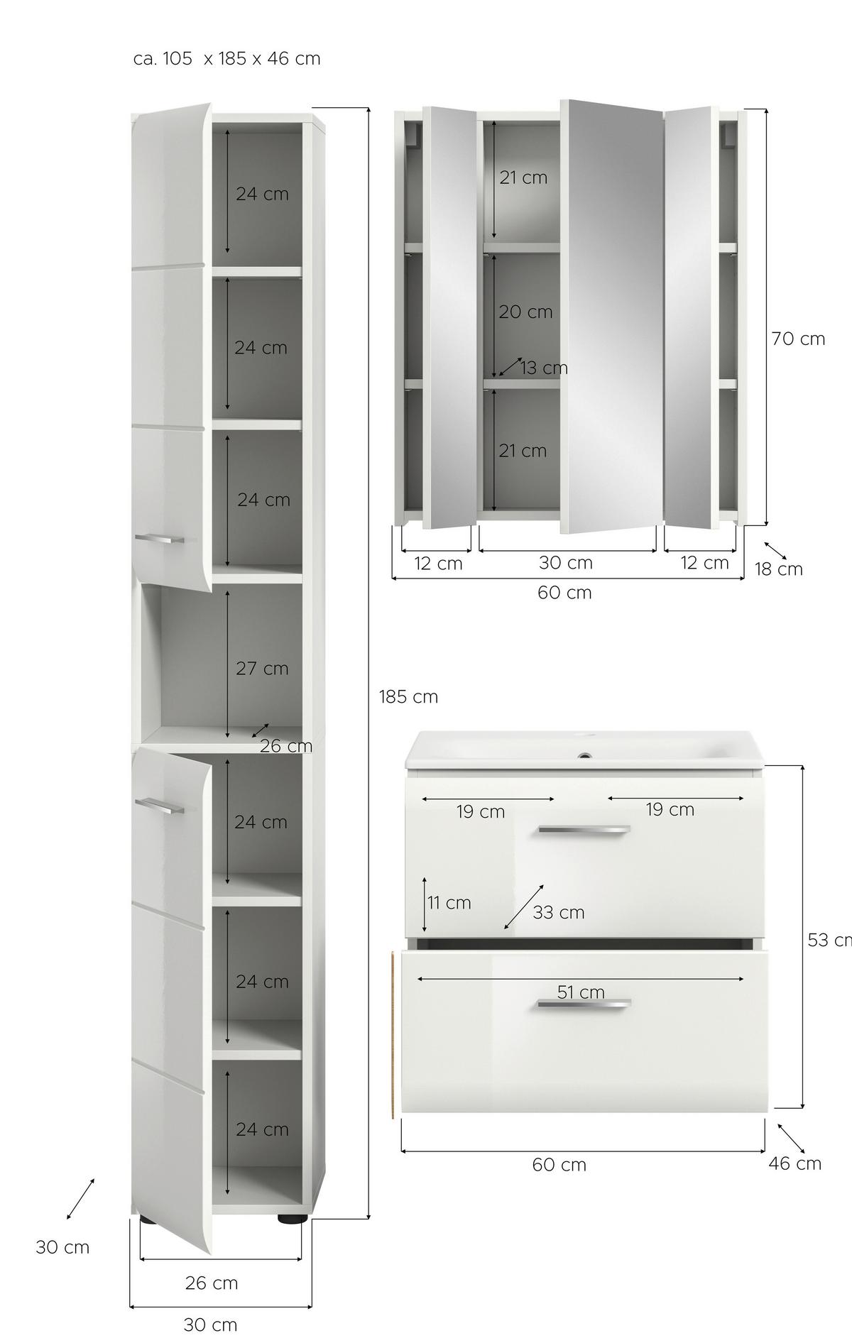 Badezimmer Ice Weiß/weiß Hg B: 90 Cm - Weiß Hochglanz/Schwarz, MODERN, Keramik/Holzwerkstoff (90/185/46cm) - MID.YOU