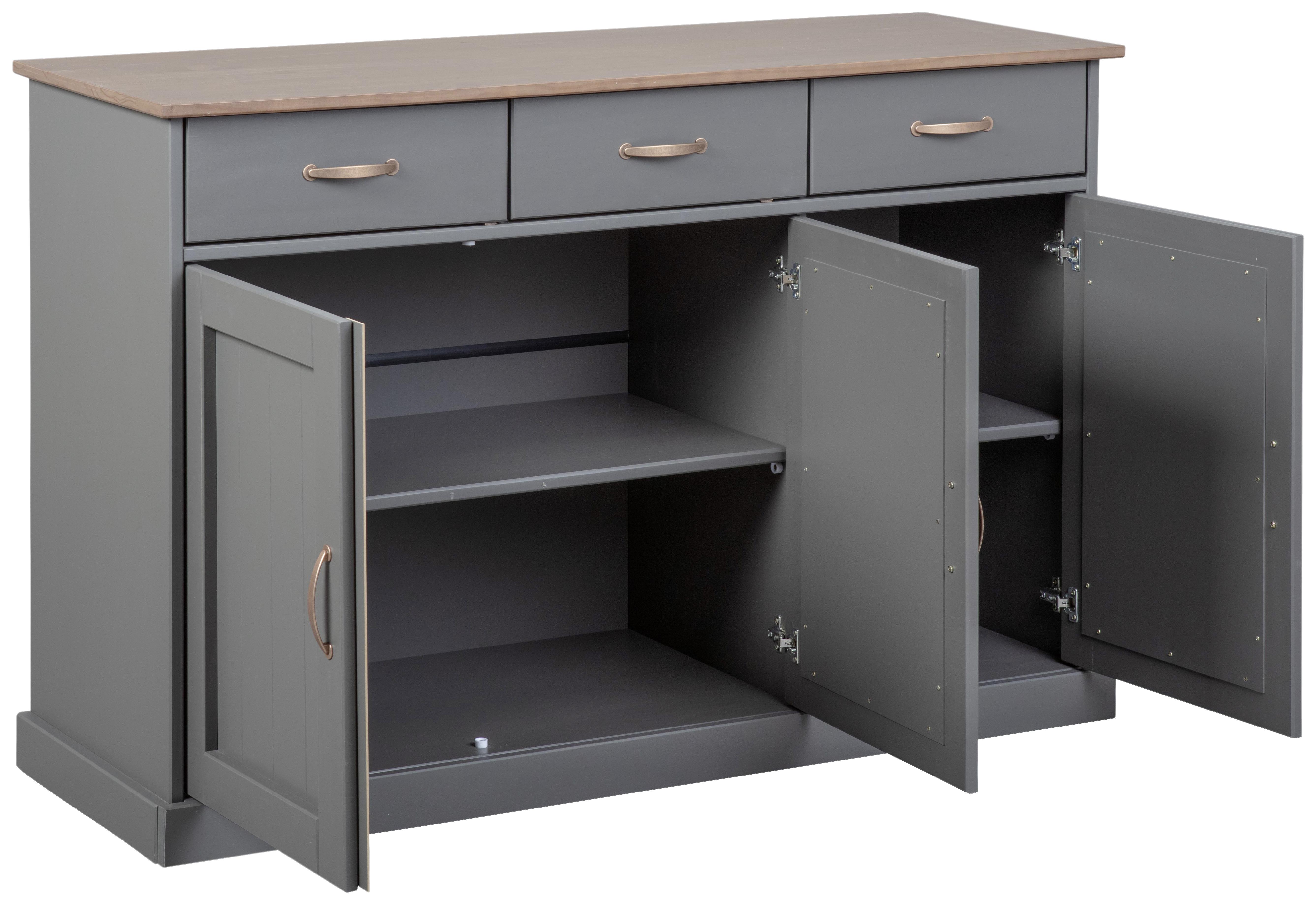 KP/FR: Kiefer massiv • Braun, Grau • 3 Laden, 3 Türen • B/H/T: ca. 131/86/45cm • Bodenbelastbarkeit: ca. 5kg